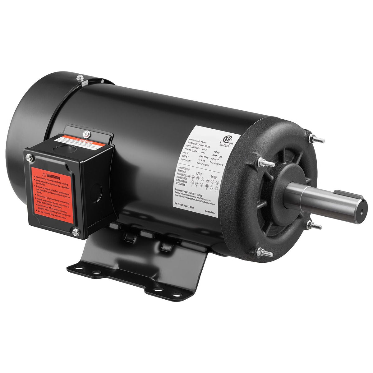 5 HP Electric Motor, 1725RPM Air Compressor Motor, CW/CCW Rotation, 1.125 inch Shaft Diameter, 2.75inch Shaft Length, 20.7N.m Torque, Three-Phase, TEFC Cooling, 230V/460V, 184T Frame