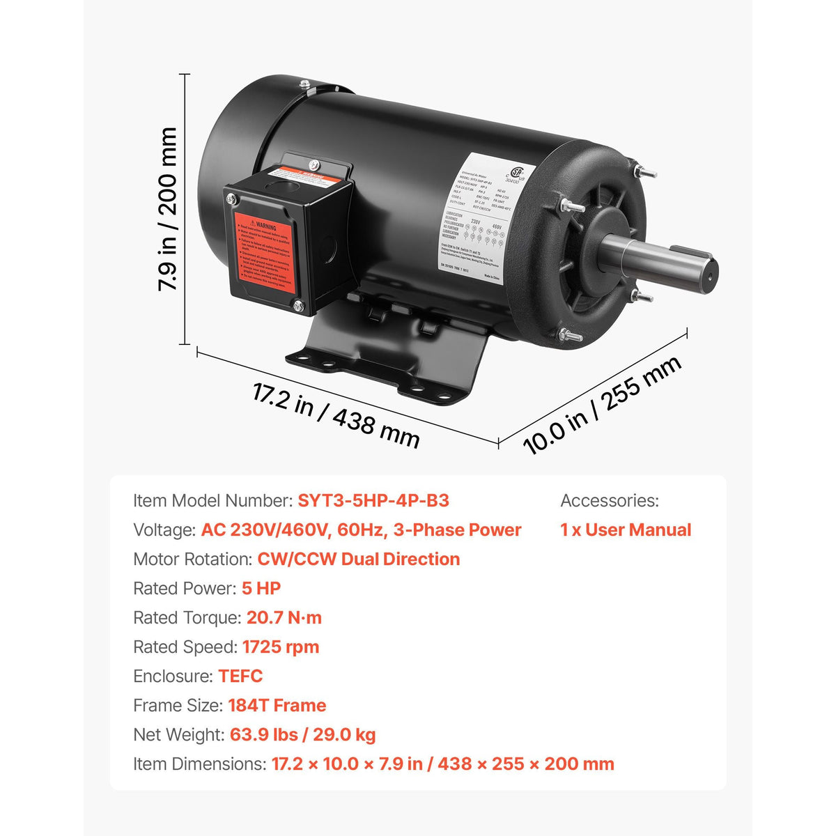 5 HP Electric Motor, 1725RPM Air Compressor Motor, CW/CCW Rotation, 1.125 inch Shaft Diameter, 2.75inch Shaft Length, 20.7N.m Torque, Three-Phase, TEFC Cooling, 230V/460V, 184T Frame