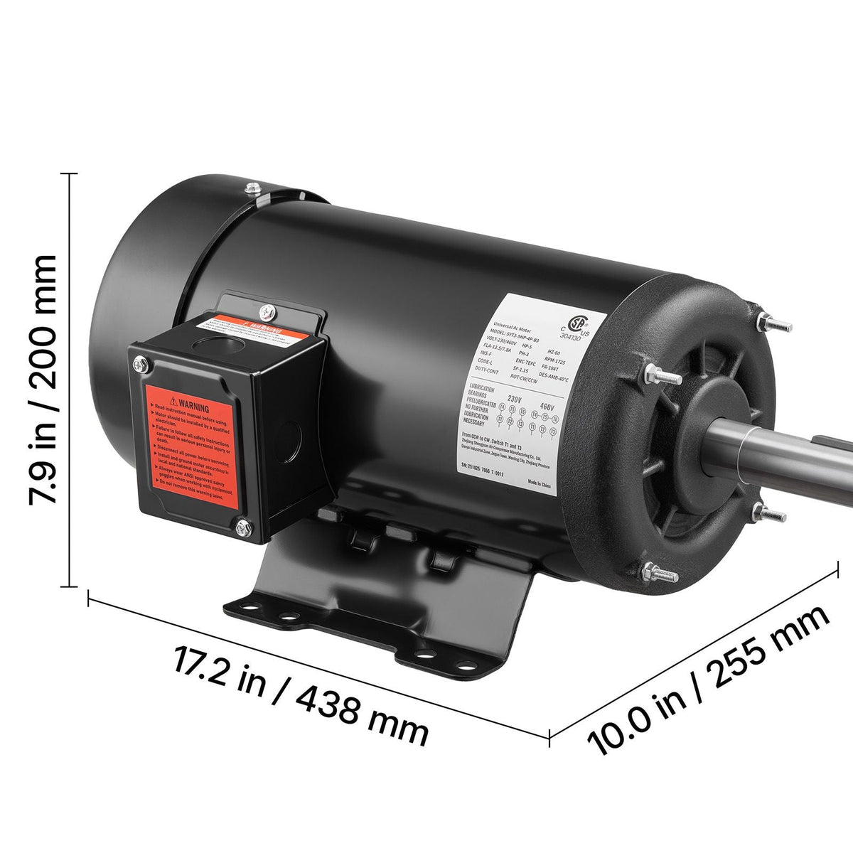 5 HP Electric Motor, 1725RPM Air Compressor Motor, CW/CCW Rotation, 1.125 inch Shaft Diameter, 2.75inch Shaft Length, 20.7N.m Torque, Three-Phase, TEFC Cooling, 230V/460V, 184T Frame