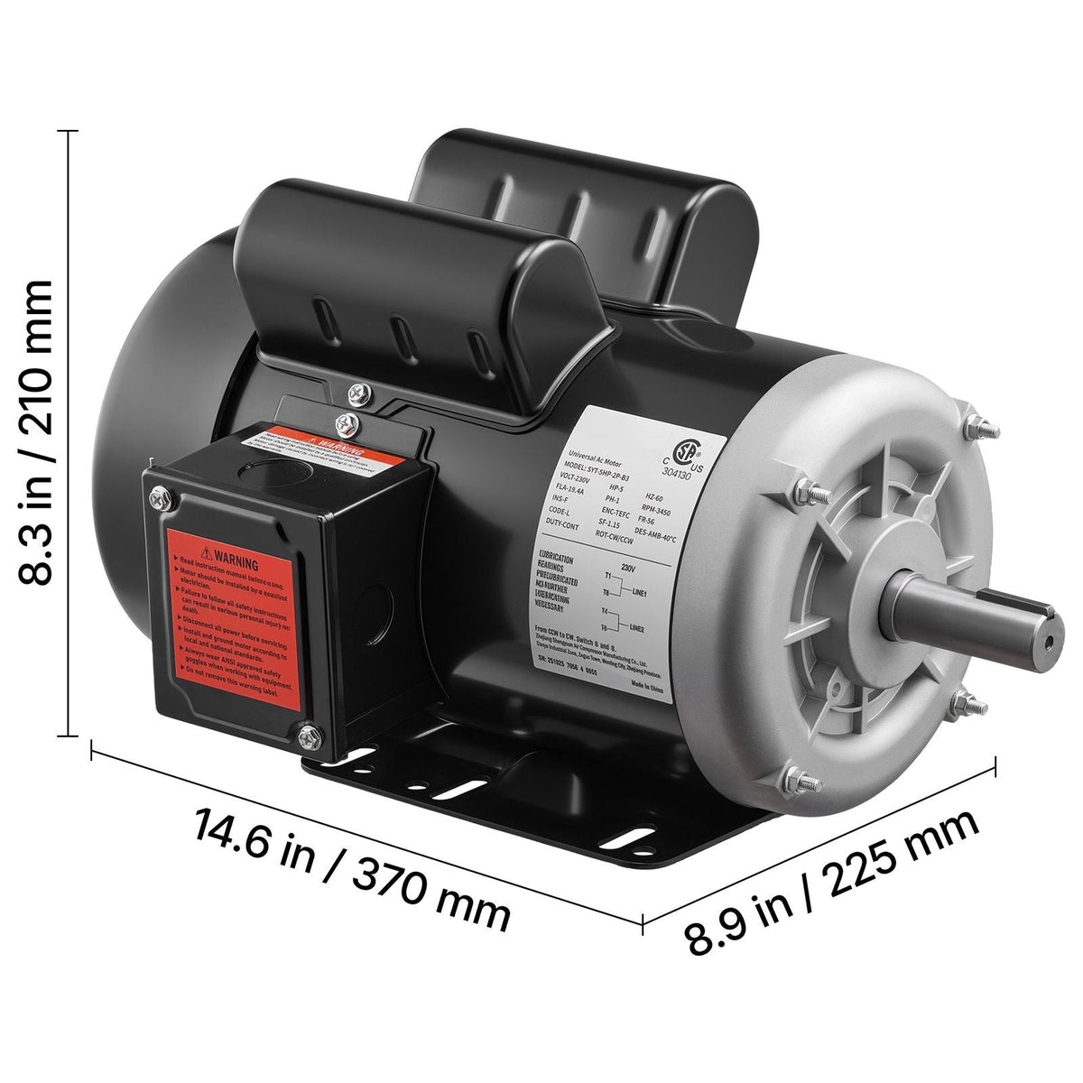 5 HP Electric Motor, 3450RPM Air Compressor Motor, CW/CCW Rotation, 0.875 inch Shaft Diameter, 2.25inch Shaft Length, 10.14N.m Torque, Single-Phase, 230V, TEFC Cooling