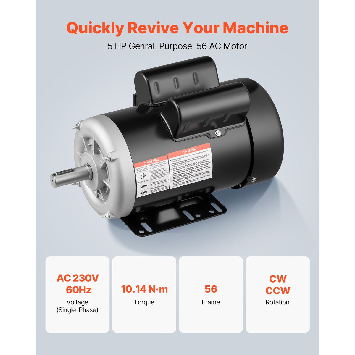 5 HP Electric Motor, 3450RPM Air Compressor Motor, CW/CCW Rotation, 0.875 inch Shaft Diameter, 2.25inch Shaft Length, 10.14N.m Torque, Single-Phase, 230V, TEFC Cooling