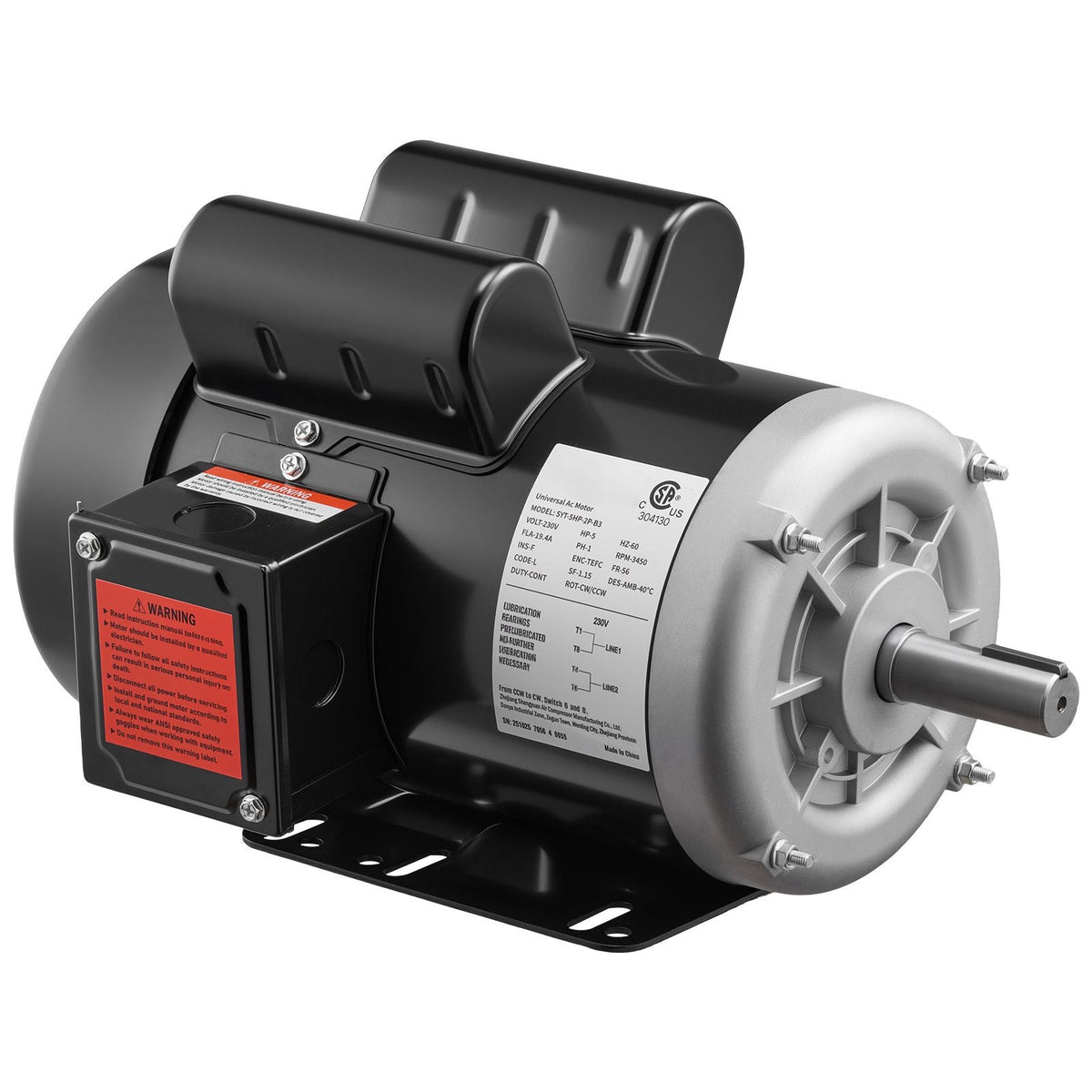 5 HP Electric Motor, 3450RPM Air Compressor Motor, CW/CCW Rotation, 0.875 inch Shaft Diameter, 2.25inch Shaft Length, 10.14N.m Torque, Single-Phase, 230V, TEFC Cooling