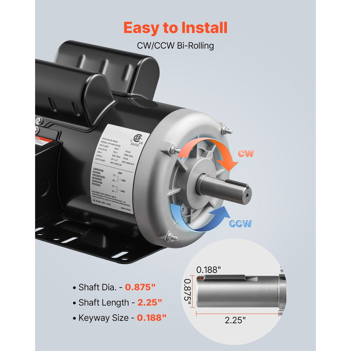 5 HP Electric Motor, 3450RPM Air Compressor Motor, CW/CCW Rotation, 0.875 inch Shaft Diameter, 2.25inch Shaft Length, 10.14N.m Torque, Single-Phase, 230V, TEFC Cooling