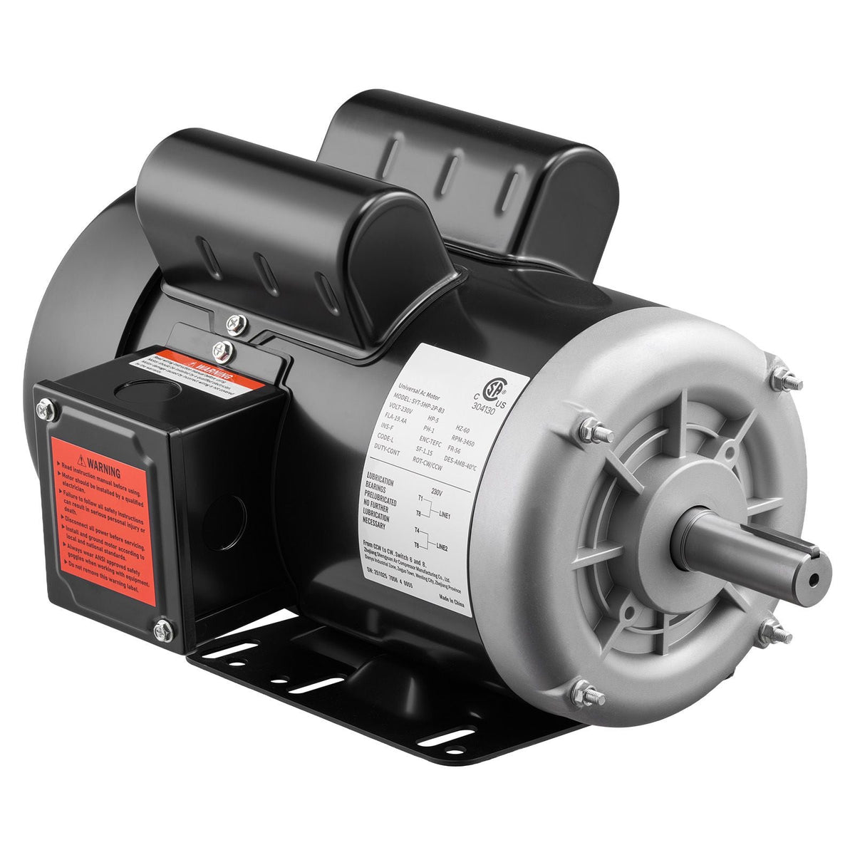 5 HP Electric Motor, 3450RPM Air Compressor Motor, CW/CCW Rotation, 0.875 inch Shaft Diameter, 2.25inch Shaft Length, 10.14N.m Torque, Single-Phase, 230V, TEFC Cooling