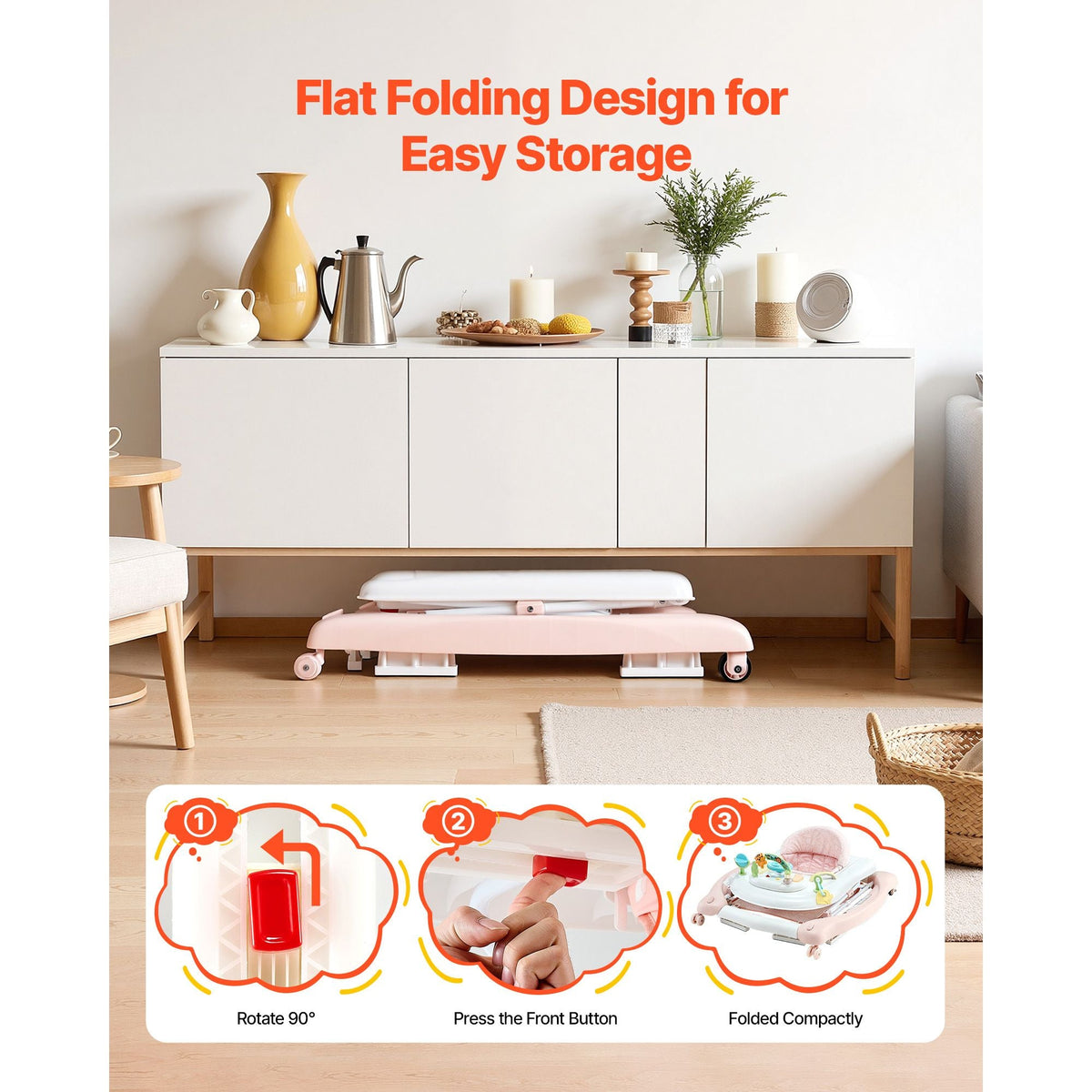 5-in-1 Baby Walker, Folding Baby Activity Center on Wheels, Height Adjustable Rocker Bouncer Walker with Comfortable High-Back Seat, Anti-Rollover Toddler Walking Helper for 6-24 Month Boy Girls