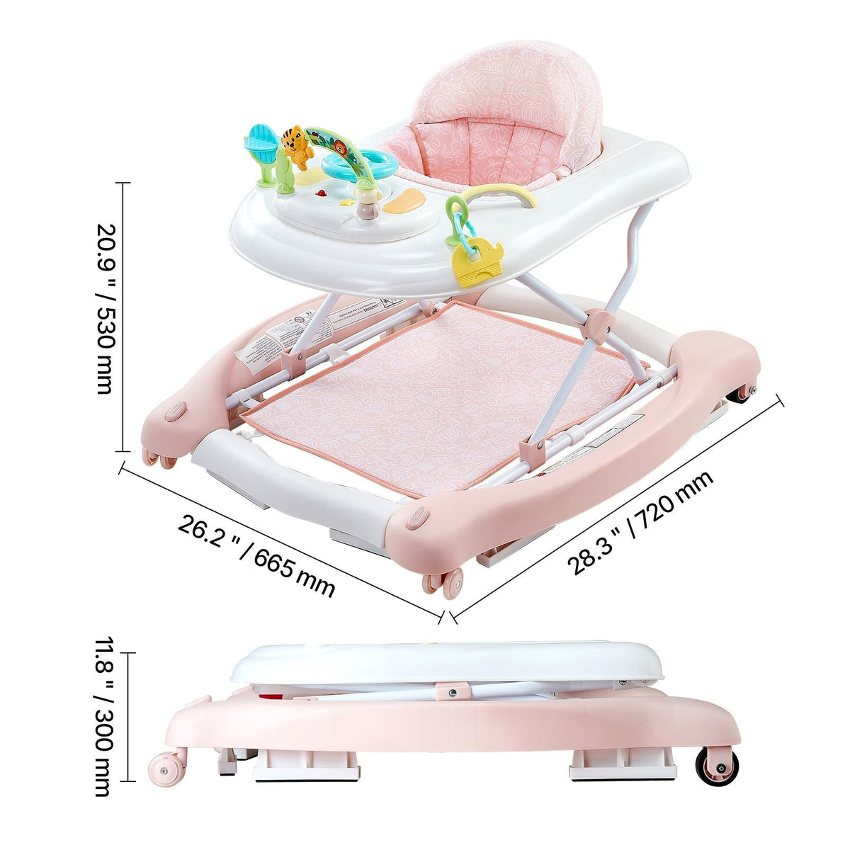 5-in-1 Baby Walker, Folding Baby Activity Center on Wheels, Height Adjustable Rocker Bouncer Walker with Comfortable High-Back Seat, Anti-Rollover Toddler Walking Helper for 6-24 Month Boy Girls