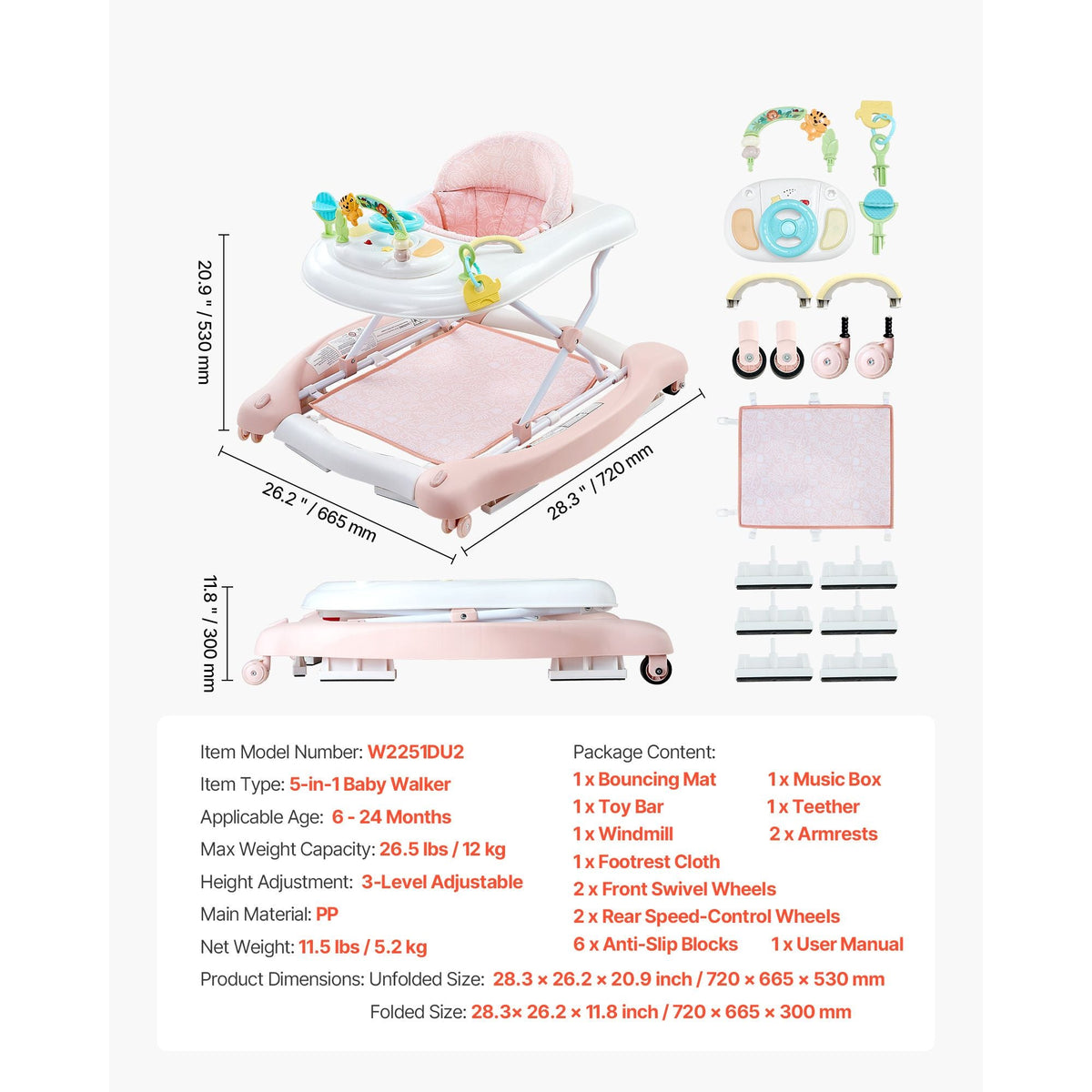 5-in-1 Baby Walker, Folding Baby Activity Center on Wheels, Height Adjustable Rocker Bouncer Walker with Comfortable High-Back Seat, Anti-Rollover Toddler Walking Helper for 6-24 Month Boy Girls