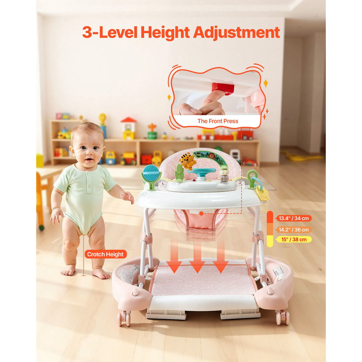 5-in-1 Baby Walker, Folding Baby Activity Center on Wheels, Height Adjustable Rocker Bouncer Walker with Comfortable High-Back Seat, Anti-Rollover Toddler Walking Helper for 6-24 Month Boy Girls