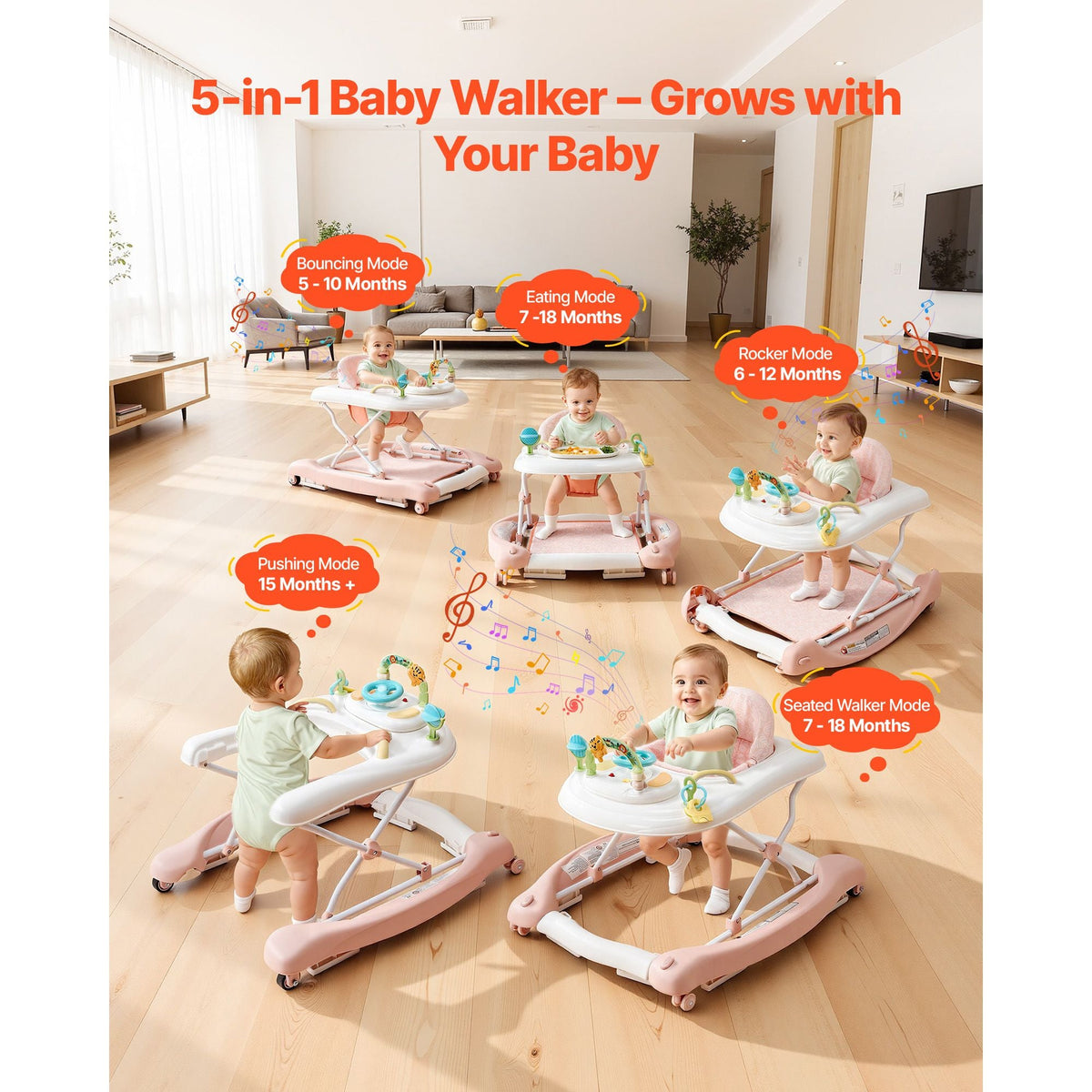 5-in-1 Baby Walker, Folding Baby Activity Center on Wheels, Height Adjustable Rocker Bouncer Walker with Comfortable High-Back Seat, Anti-Rollover Toddler Walking Helper for 6-24 Month Boy Girls