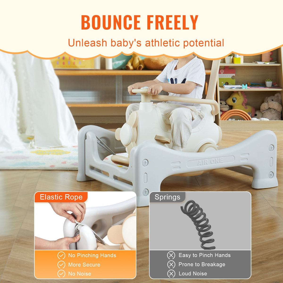 5 in 1 Rocking Horse for Toddlers 1-3 Years, Baby Rocking Horse with Trampoline, Detachable Balance Board, Push Handle and 4 Smooth Wheels, Support to 80lbs Kids Ride on Toy, White