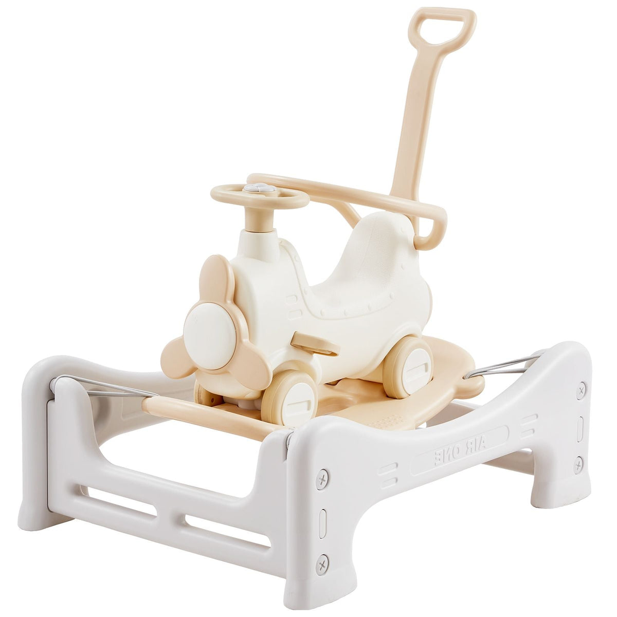 5 in 1 Rocking Horse for Toddlers 1-3 Years, Baby Rocking Horse with Trampoline, Detachable Balance Board, Push Handle and 4 Smooth Wheels, Support to 80lbs Kids Ride on Toy, White