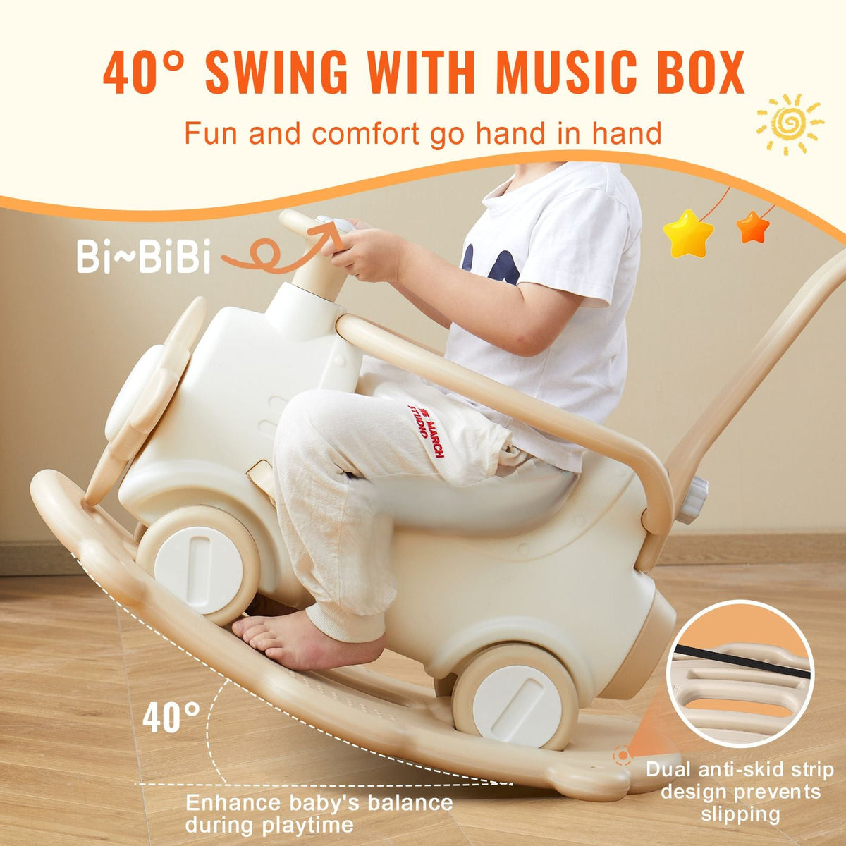 5 in 1 Rocking Horse for Toddlers 1-3 Years, Baby Rocking Horse with Trampoline, Detachable Balance Board, Push Handle and 4 Smooth Wheels, Support to 80lbs Kids Ride on Toy, White