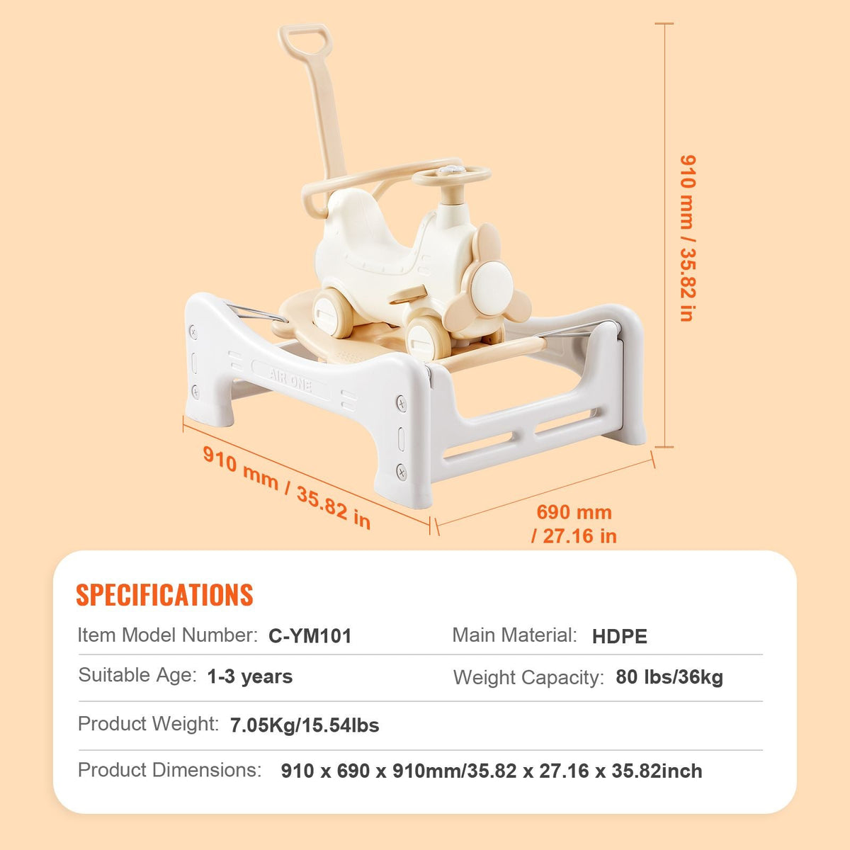 5 in 1 Rocking Horse for Toddlers 1-3 Years, Baby Rocking Horse with Trampoline, Detachable Balance Board, Push Handle and 4 Smooth Wheels, Support to 80lbs Kids Ride on Toy, White