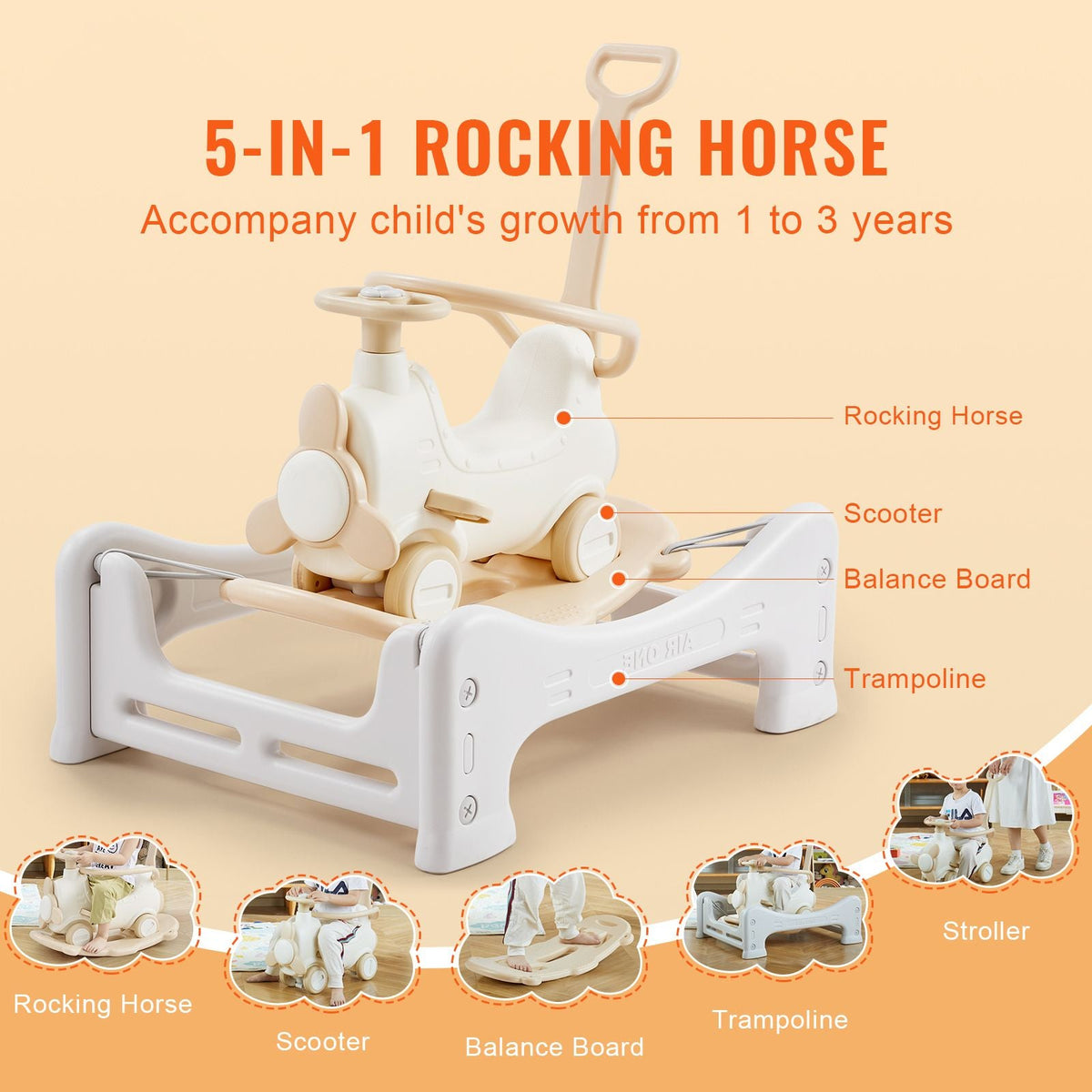 5 in 1 Rocking Horse for Toddlers 1-3 Years, Baby Rocking Horse with Trampoline, Detachable Balance Board, Push Handle and 4 Smooth Wheels, Support to 80lbs Kids Ride on Toy, White