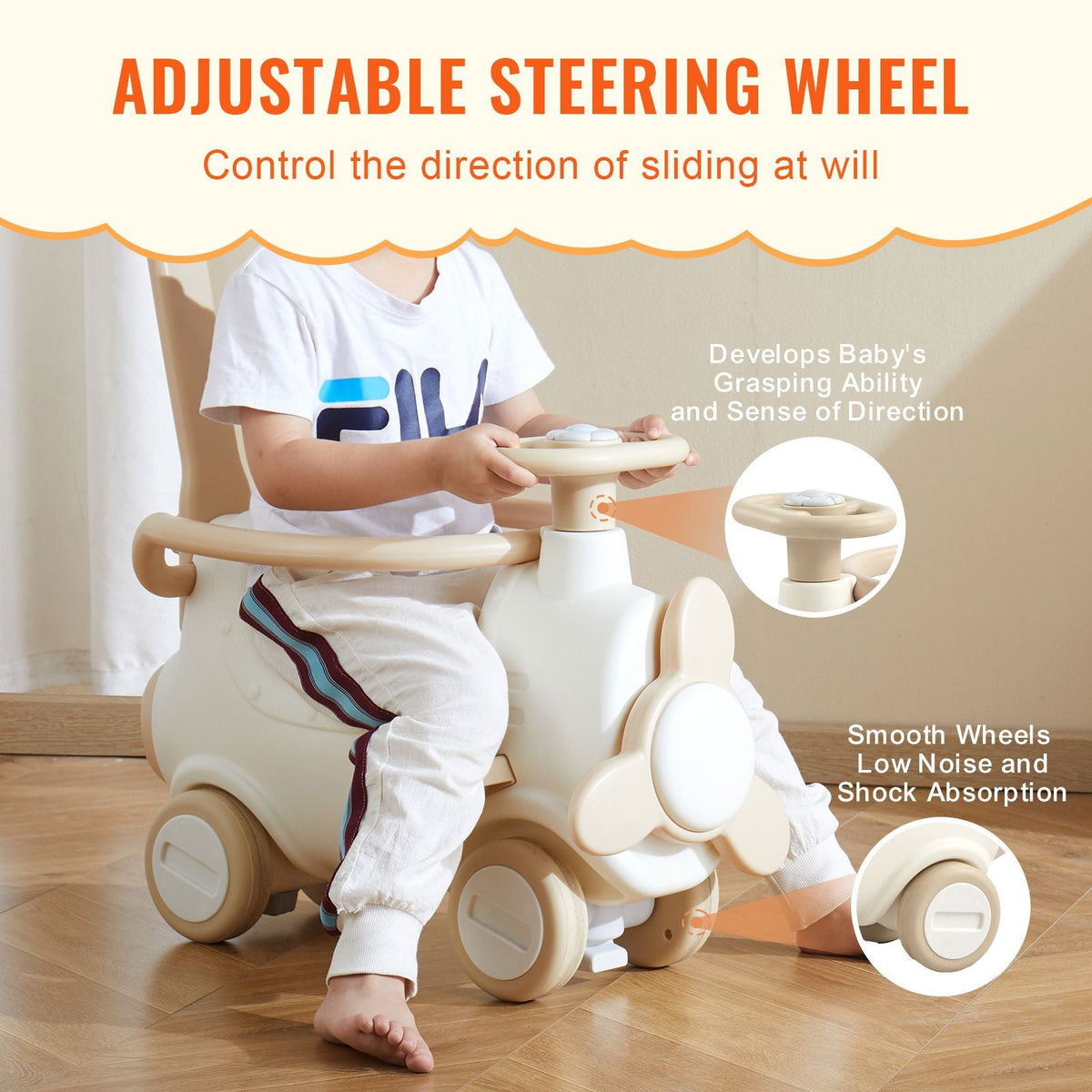 5 in 1 Rocking Horse for Toddlers 1-3 Years, Baby Rocking Horse with Trampoline, Detachable Balance Board, Push Handle and 4 Smooth Wheels, Support to 80lbs Kids Ride on Toy, White