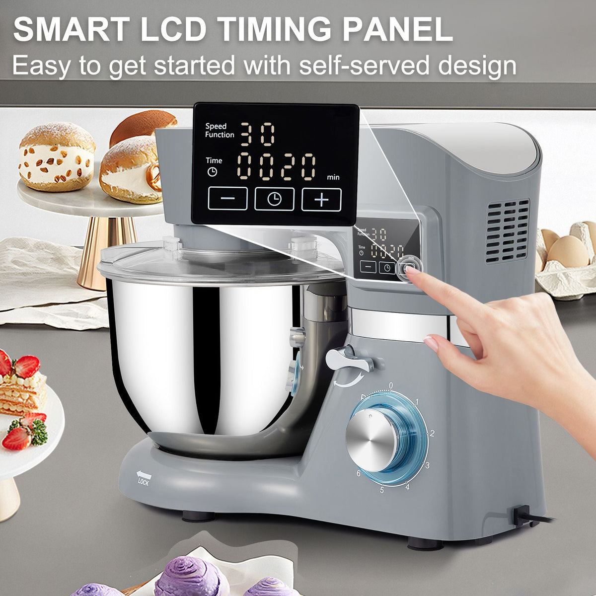 5 IN 1 Stand Mixer, 660W Tilt-Head Multifunctional Electric Mixer with 6 Speeds LCD Screen Timing, 7.4 Qt Stainless Bowl, Dough Hook, Flat Beater, Whisk, Scraper, Meat Grinder, Juice Cup - Gray