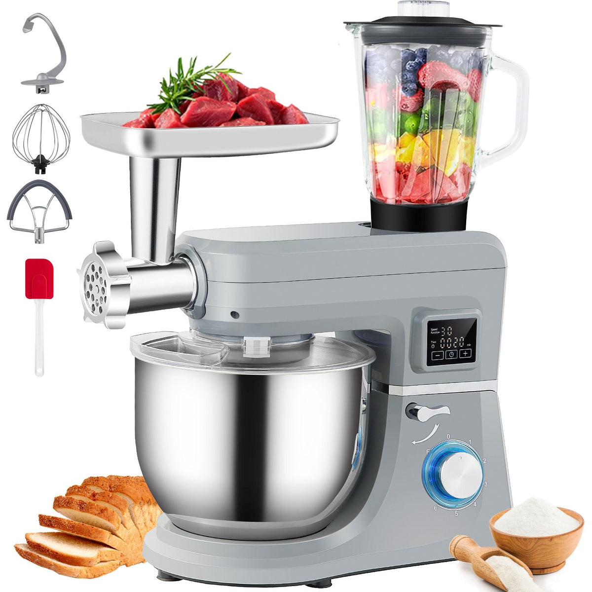 5 IN 1 Stand Mixer, 660W Tilt-Head Multifunctional Electric Mixer with 6 Speeds LCD Screen Timing, 7.4 Qt Stainless Bowl, Dough Hook, Flat Beater, Whisk, Scraper, Meat Grinder, Juice Cup - Gray