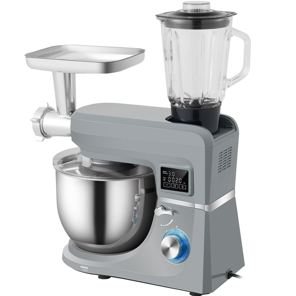 5 IN 1 Stand Mixer, 660W Tilt-Head Multifunctional Electric Mixer with 6 Speeds LCD Screen Timing, 7.4 Qt Stainless Bowl, Dough Hook, Flat Beater, Whisk, Scraper, Meat Grinder, Juice Cup - Gray