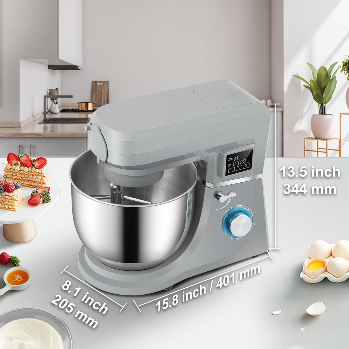 5 IN 1 Stand Mixer, 660W Tilt-Head Multifunctional Electric Mixer with 6 Speeds LCD Screen Timing, 7.4 Qt Stainless Bowl, Dough Hook, Flat Beater, Whisk, Scraper, Meat Grinder, Juice Cup - Gray