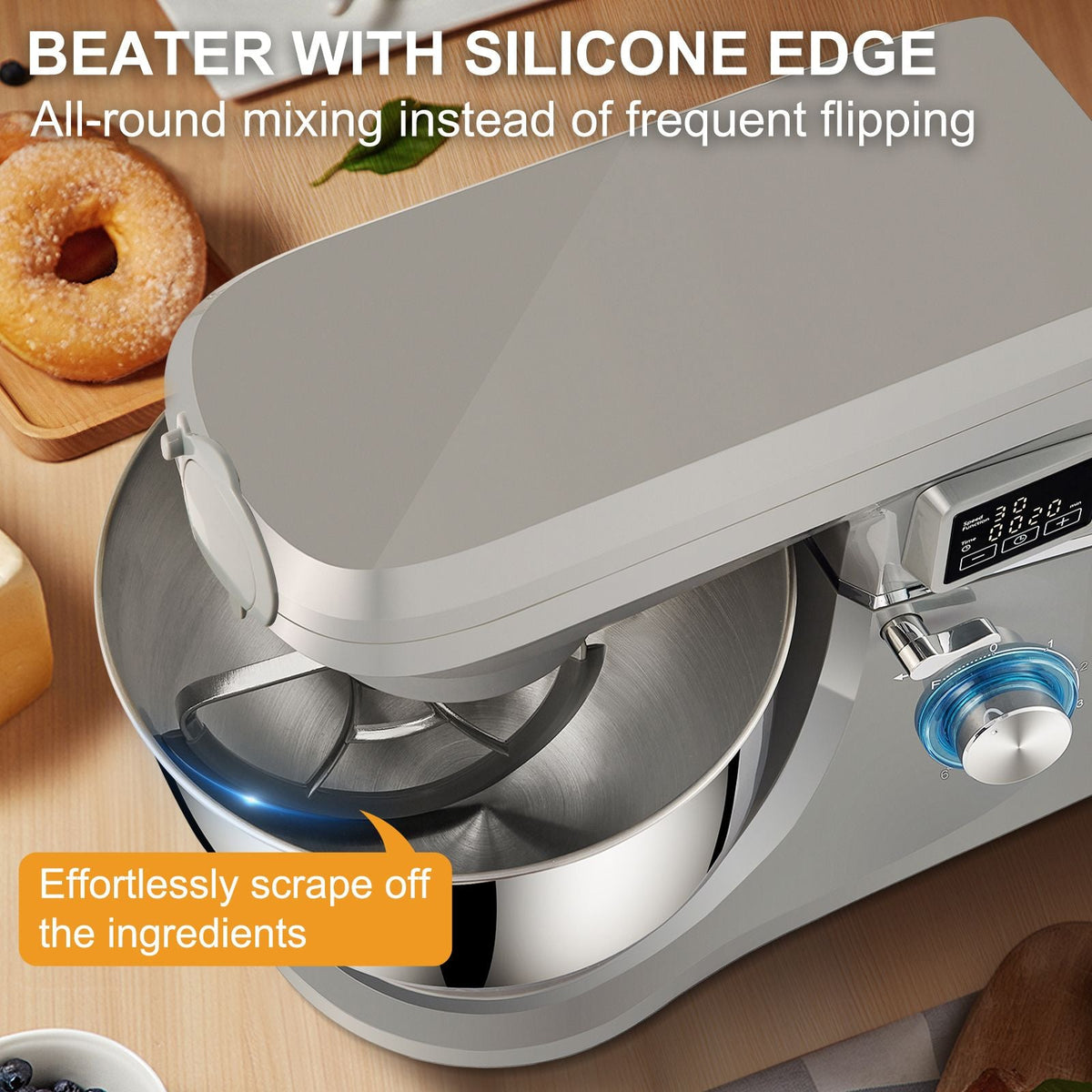 5 IN 1 Stand Mixer, 660W Tilt-Head Multifunctional Electric Mixer with 6 Speeds LCD Screen Timing, 7.4 Qt Stainless Bowl, Dough Hook, Flat Beater, Whisk, Scraper, Meat Grinder, Juice Cup - Gray