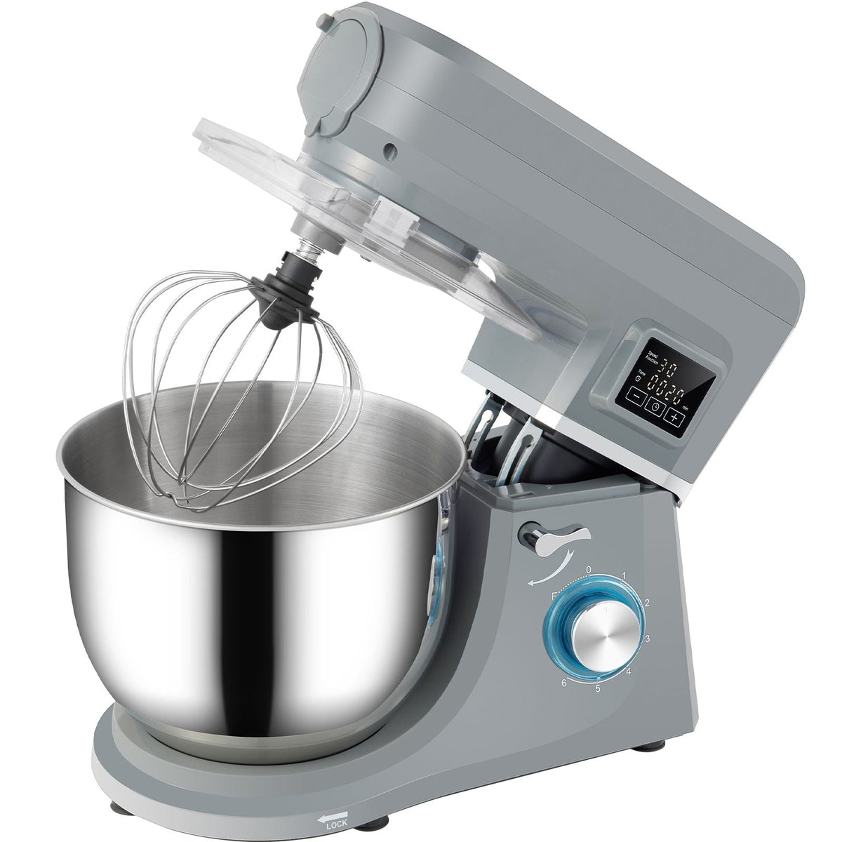 5 IN 1 Stand Mixer, 660W Tilt-Head Multifunctional Electric Mixer with 6 Speeds LCD Screen Timing, 7.4 Qt Stainless Bowl, Dough Hook, Flat Beater, Whisk, Scraper, Meat Grinder, Juice Cup - Gray