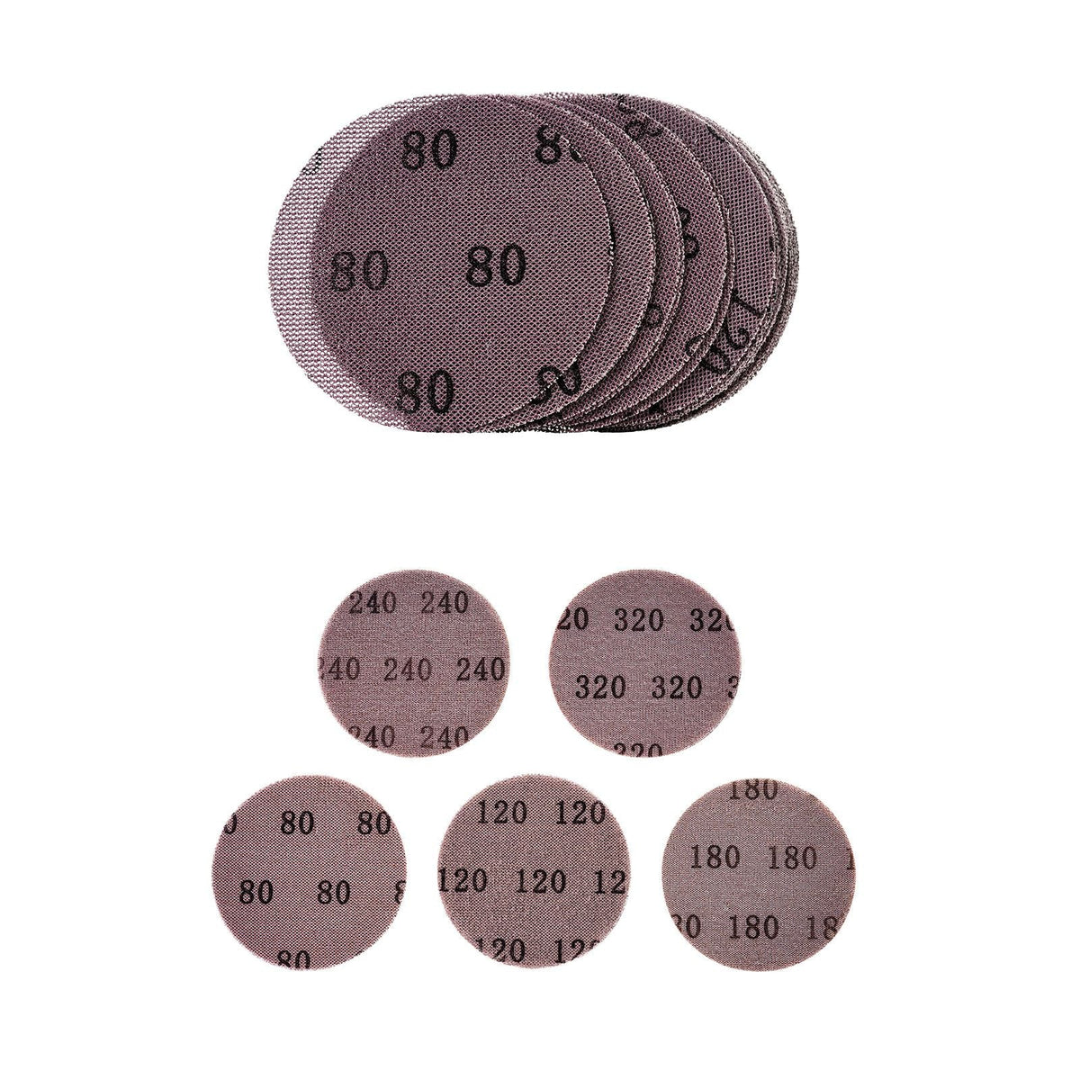 5-inch Mesh Abrasive Sanding Discs 50PCS, Grit 80/120/180/240/320 Assorted Anti-Clogging Ceramic Mesh Sandpapers, Hook-and-Loop Sanding Discs for Metal Wood Plaster, Car Body, Paint Removal