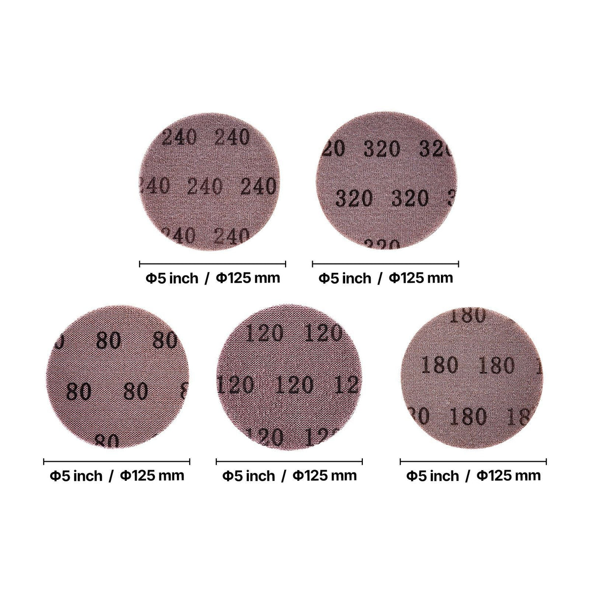 5-inch Mesh Abrasive Sanding Discs 50PCS, Grit 80/120/180/240/320 Assorted Anti-Clogging Ceramic Mesh Sandpapers, Hook-and-Loop Sanding Discs for Metal Wood Plaster, Car Body, Paint Removal