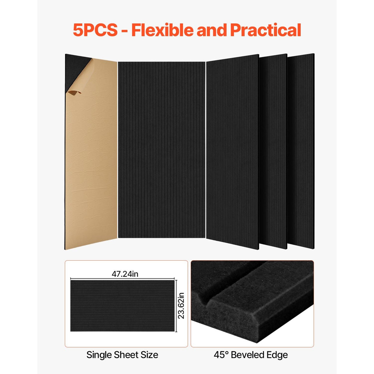 5 Pack Acoustic Panels with Self Adhesive, 47.2 x 23.6 x 0.4 inch Sound Proof Foam Panels, Polyester Fiber Soundproof Wall Panels High Density, for Home, Studio, Office, Theater, Black