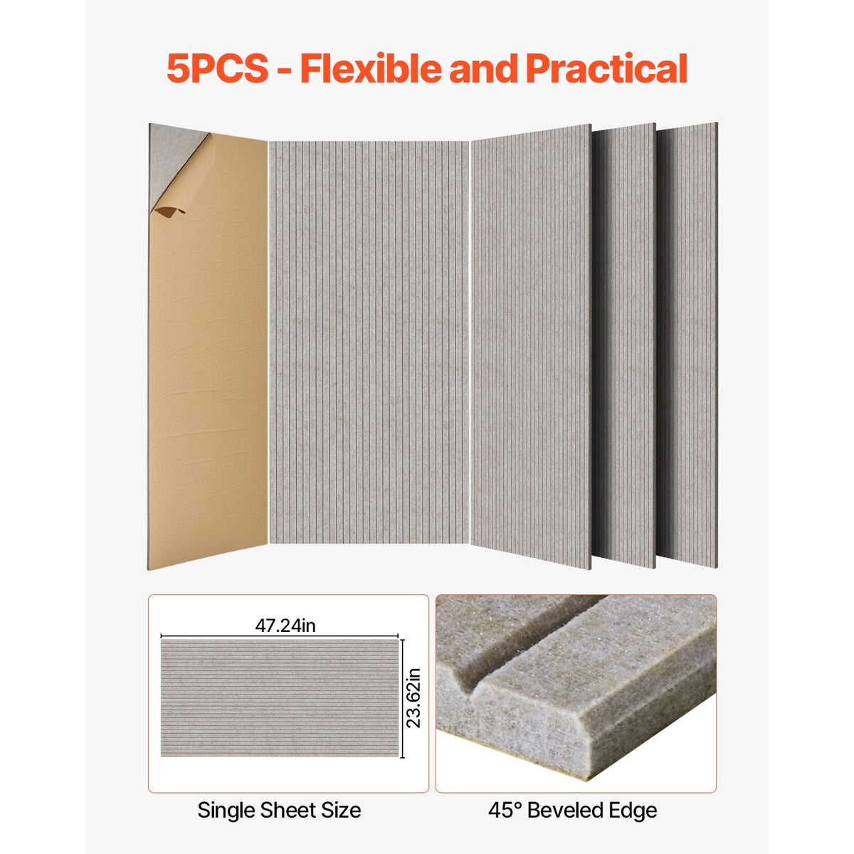 5 Pack Acoustic Panels with Self Adhesive, 47.2 x 23.6 x 0.4 inch Sound Proof Foam Panels, Polyester Fiber Soundproof Wall Panels High Density, for Home, Studio, Office, Theater, Camel