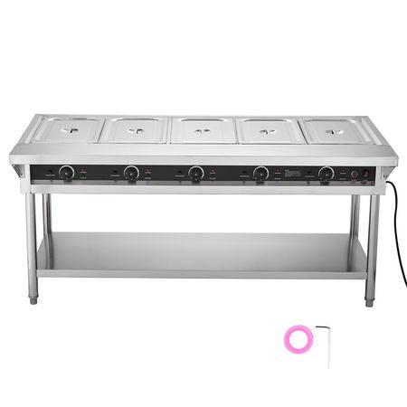5-Pan Commercial Food Warmer, Electric Steam Table with Independent Temperature Control, 750W x 5 Stainless Steel Buffet Catering Food Warmer with Undershelf and Workspace, for Restaurant