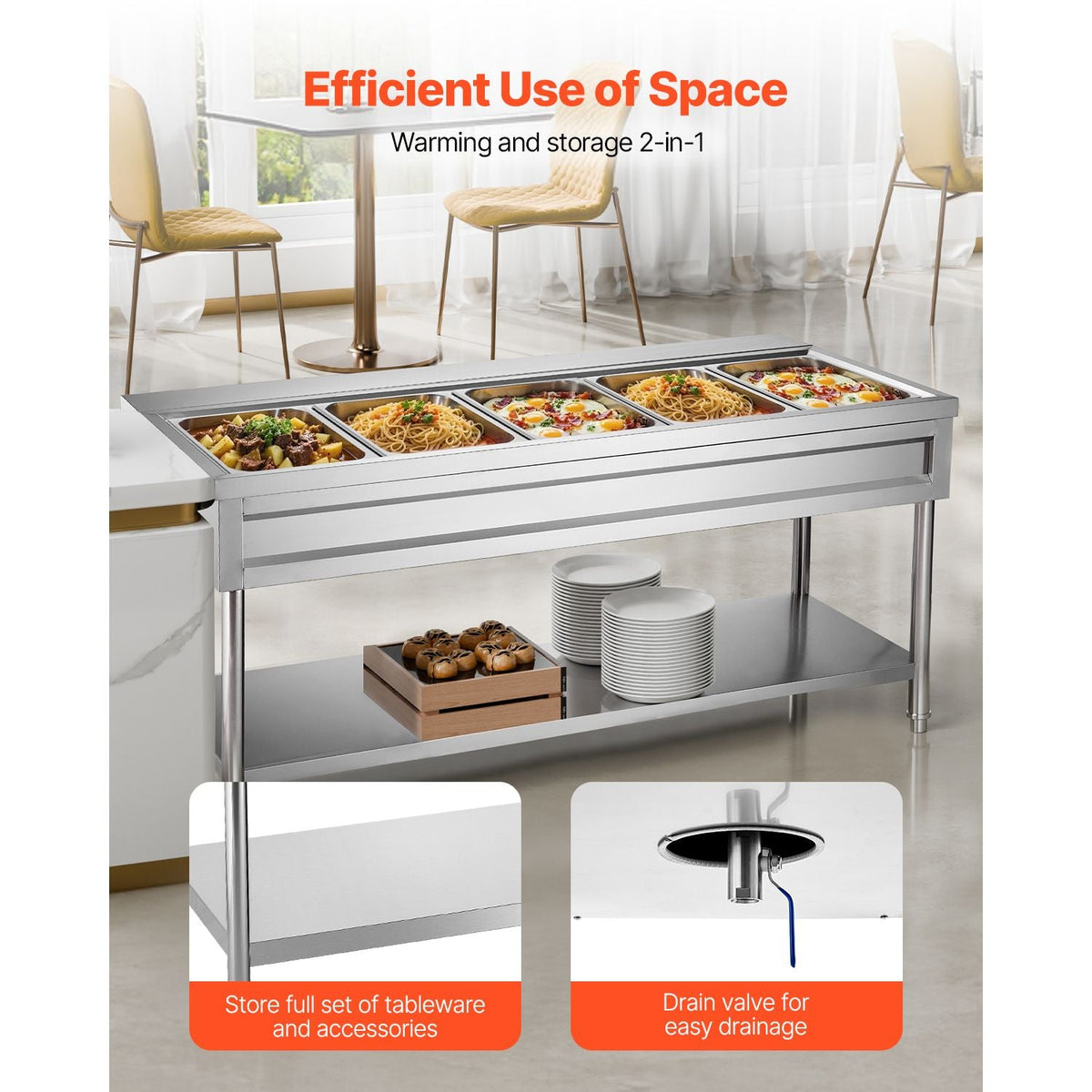 5-Pan Commercial Food Warmer, Electric Steam Table with Independent Temperature Control, 750W x 5 Stainless Steel Buffet Catering Food Warmer with Undershelf and Workspace, for Restaurant