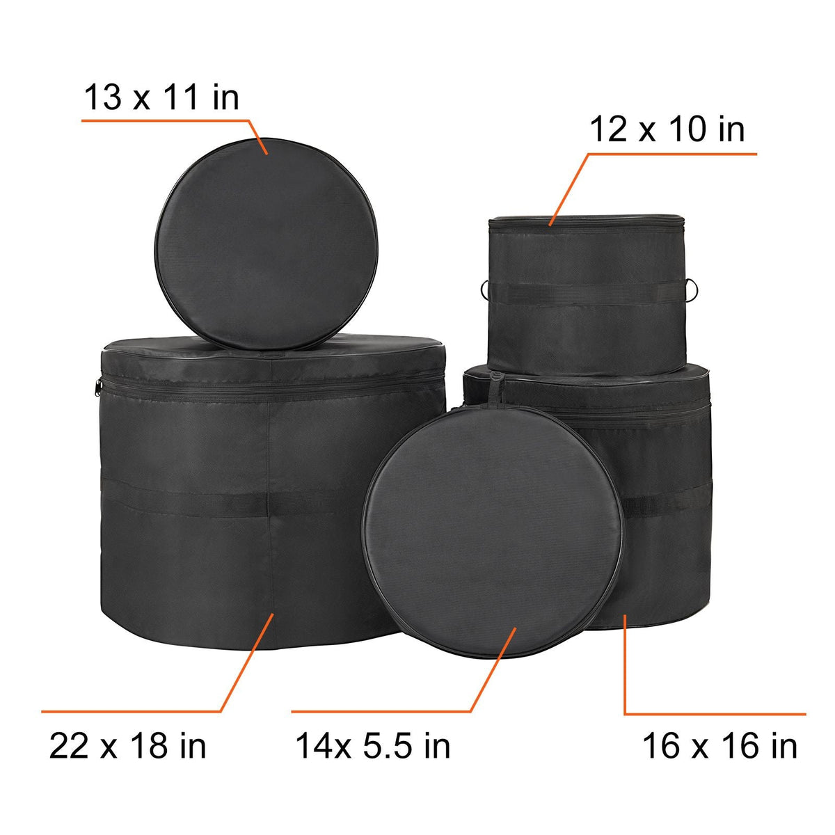 5-Piece Drum Bag Kit, Durable 1680D Oxford Material, Cushioned Cases with 1.5m Removable Shoulder Strap and Carry Handles, Collapsible, Fits 22'' Bass, 12''/13''/16'' Toms, 14'' Snare