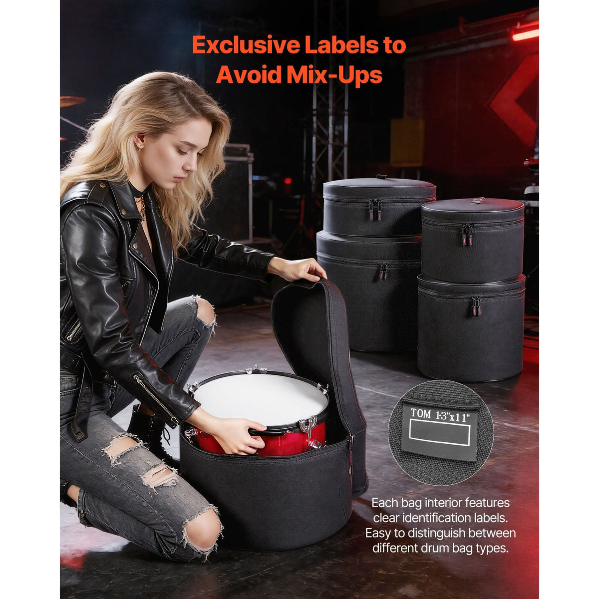 5-Piece Drum Case Set, 600D, Padded Drum Bags for 22 in Bass, 12/13/16 in Tom, 14 in Snare, Thick Padding, Lightweight Protective Covers Travel Storage Cases, for Drums Accessories Protection
