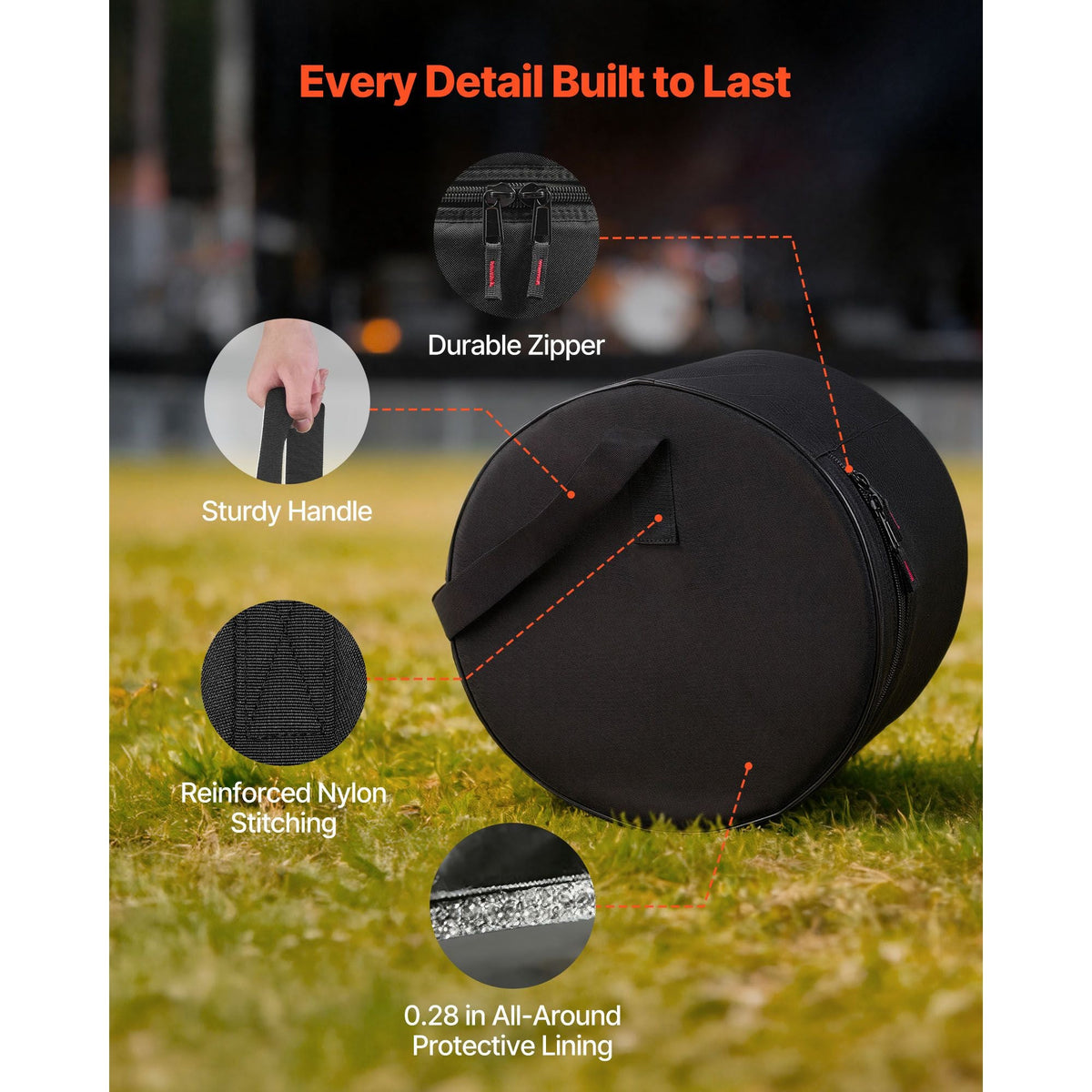 5-Piece Drum Case Set, 600D, Padded Drum Bags for 22 in Bass, 12/13/16 in Tom, 14 in Snare, Thick Padding, Lightweight Protective Covers Travel Storage Cases, for Drums Accessories Protection
