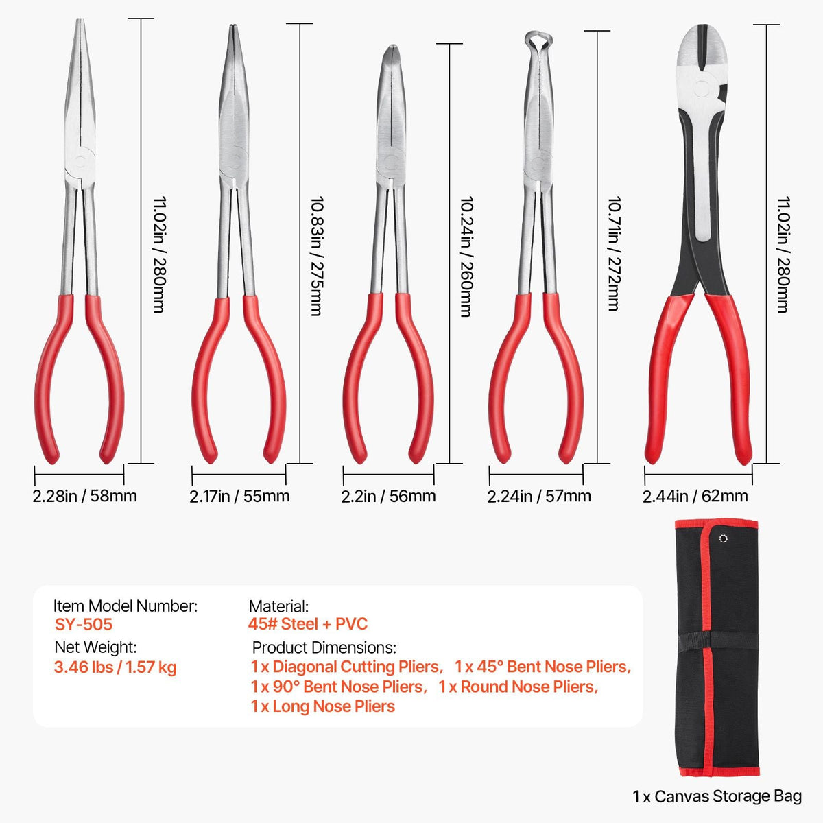 5-Piece Needle Nose Pliers, 11 in Long Needle Nose Pliers Set, Diagonal Cutting Pliers, 45°/ 90° Bent Nose Plier, Round Nose Plier, Long Nose Plier, Professional Pliers Set with Storage Bag