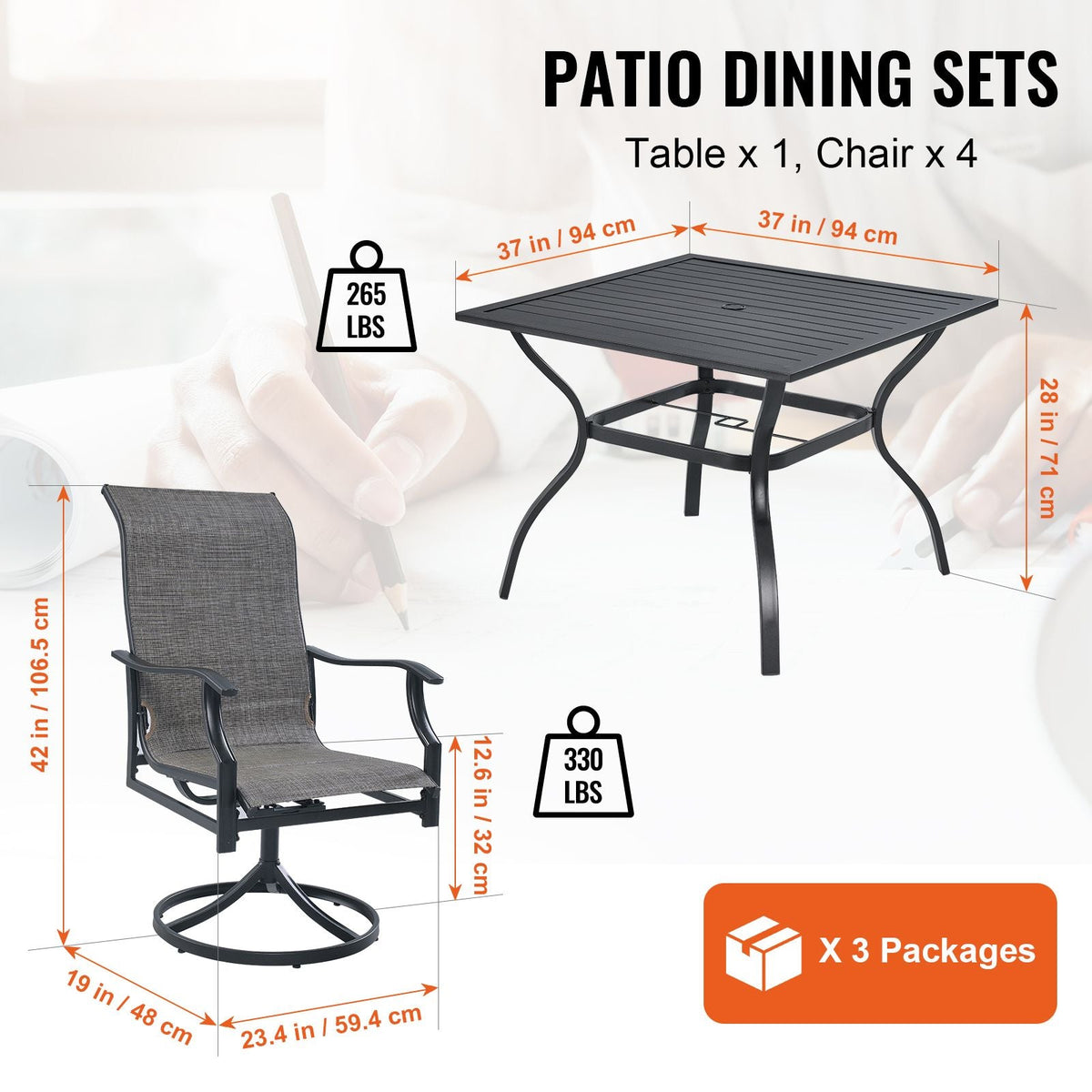 5 Pieces Patio Dining Set, Outdoor Furniture Table and Swivel Chairs Set, All Weather Garden Furniture Table Sets, Iron Patio Conversation Set with Umbrella Hole, For Lawn, Deck, Backyard, Black