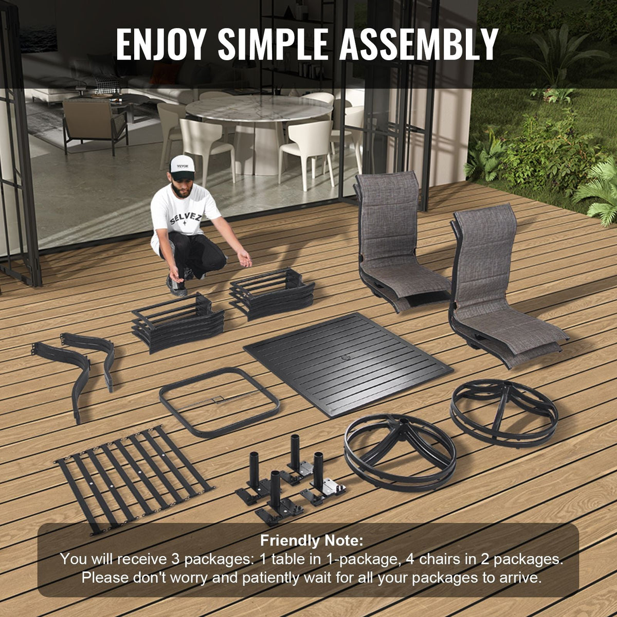 5 Pieces Patio Dining Set, Outdoor Furniture Table and Swivel Chairs Set, All Weather Garden Furniture Table Sets, Iron Patio Conversation Set with Umbrella Hole, For Lawn, Deck, Backyard, Black