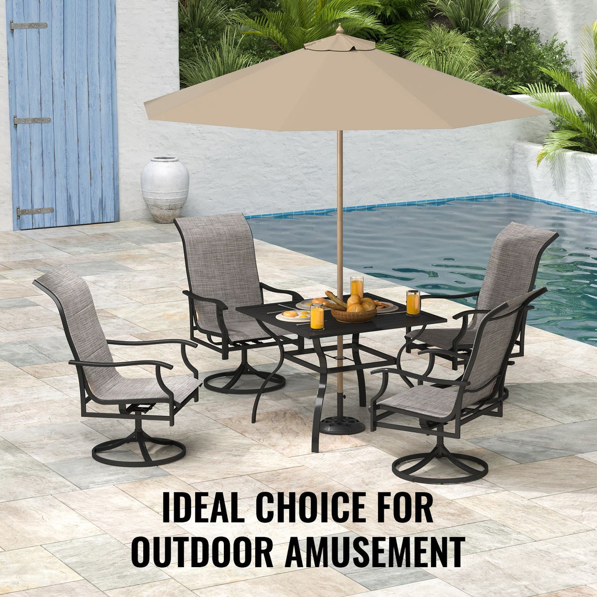 5 Pieces Patio Dining Set, Outdoor Furniture Table and Swivel Chairs Set, All Weather Garden Furniture Table Sets, Iron Patio Conversation Set with Umbrella Hole, For Lawn, Deck, Backyard, Black