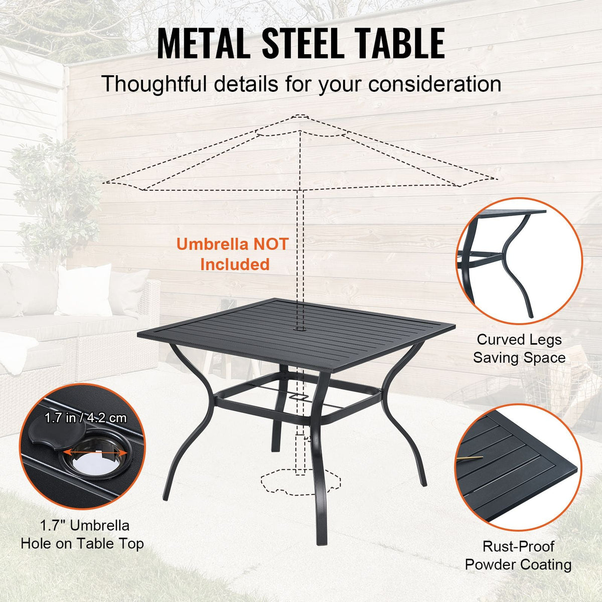 5 Pieces Patio Dining Set, Outdoor Furniture Table and Swivel Chairs Set, All Weather Garden Furniture Table Sets, Iron Patio Conversation Set with Umbrella Hole, For Lawn, Deck, Backyard, Black