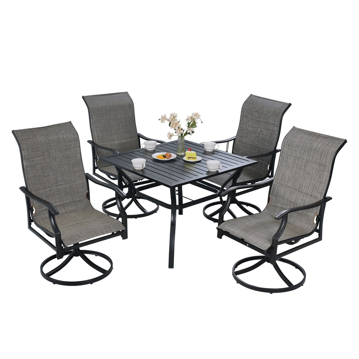 5 Pieces Patio Dining Set, Outdoor Furniture Table and Swivel Chairs Set, All Weather Garden Furniture Table Sets, Iron Patio Conversation Set with Umbrella Hole, For Lawn, Deck, Backyard, Black