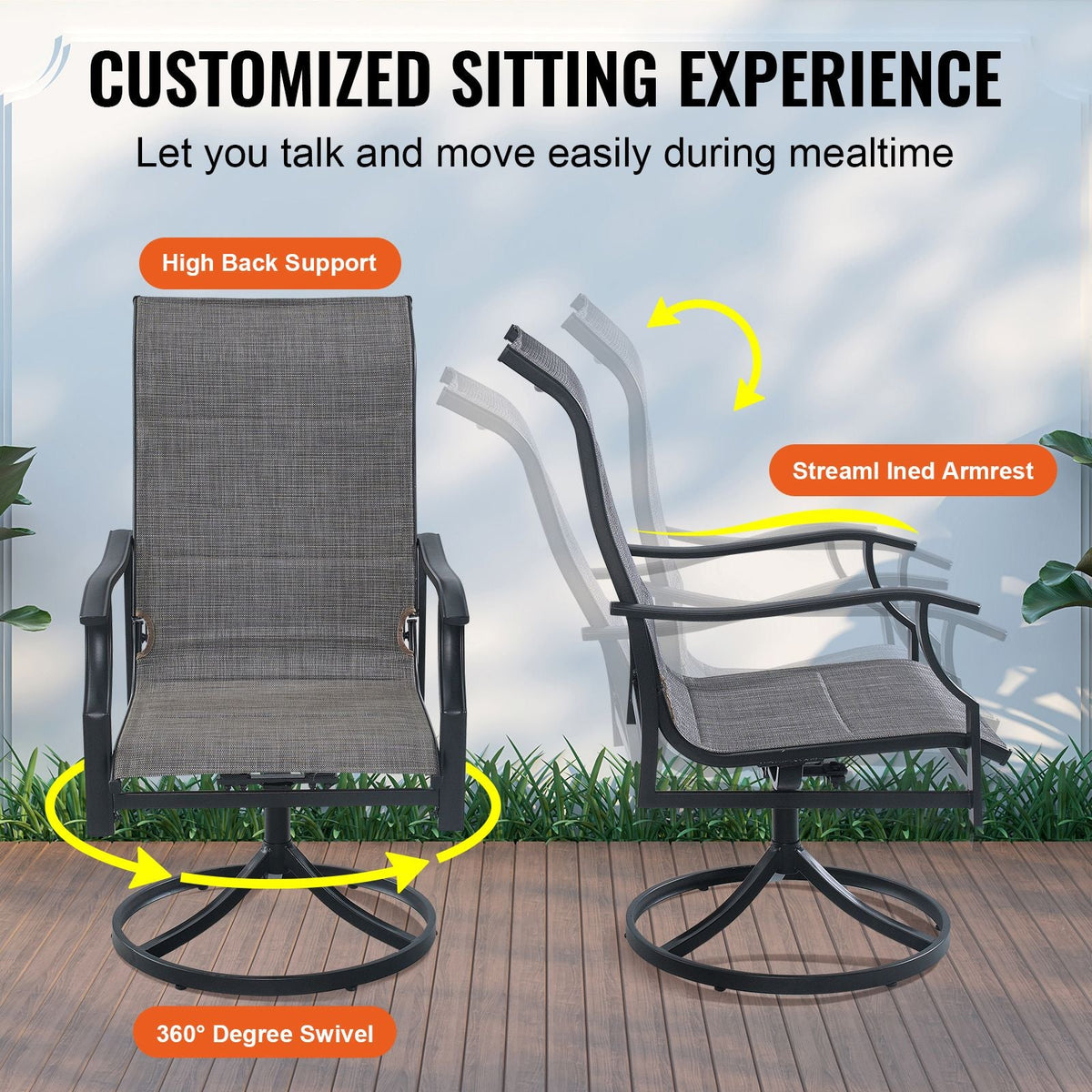 5 Pieces Patio Dining Set, Outdoor Furniture Table and Swivel Chairs Set, All Weather Garden Furniture Table Sets, Iron Patio Conversation Set with Umbrella Hole, For Lawn, Deck, Backyard, Black