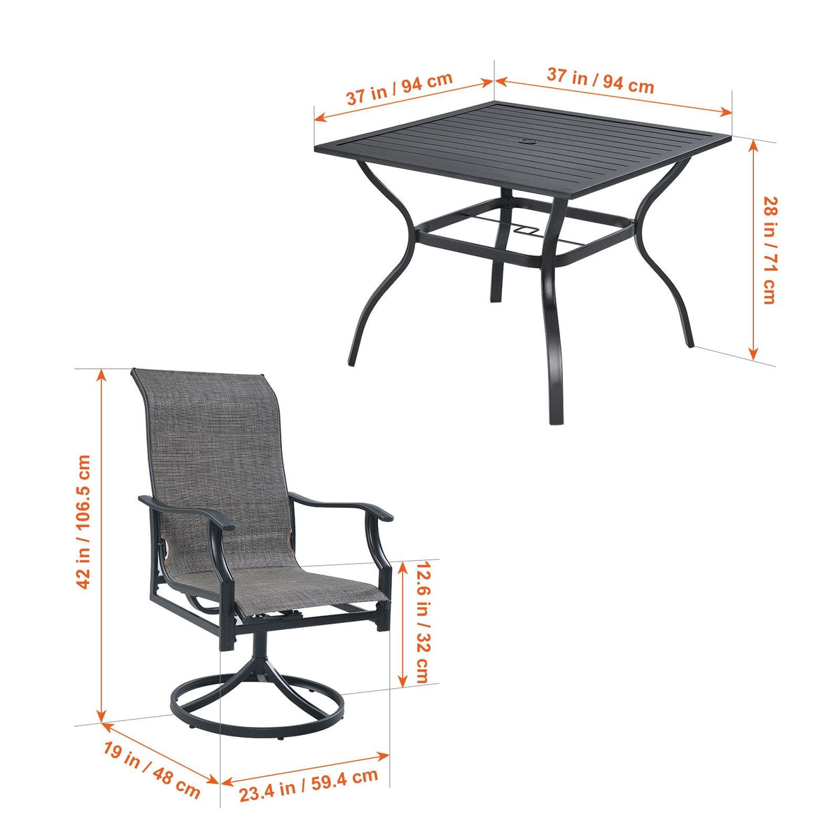 5 Pieces Patio Dining Set, Outdoor Furniture Table and Swivel Chairs Set, All Weather Garden Furniture Table Sets, Iron Patio Conversation Set with Umbrella Hole, For Lawn, Deck, Backyard, Black