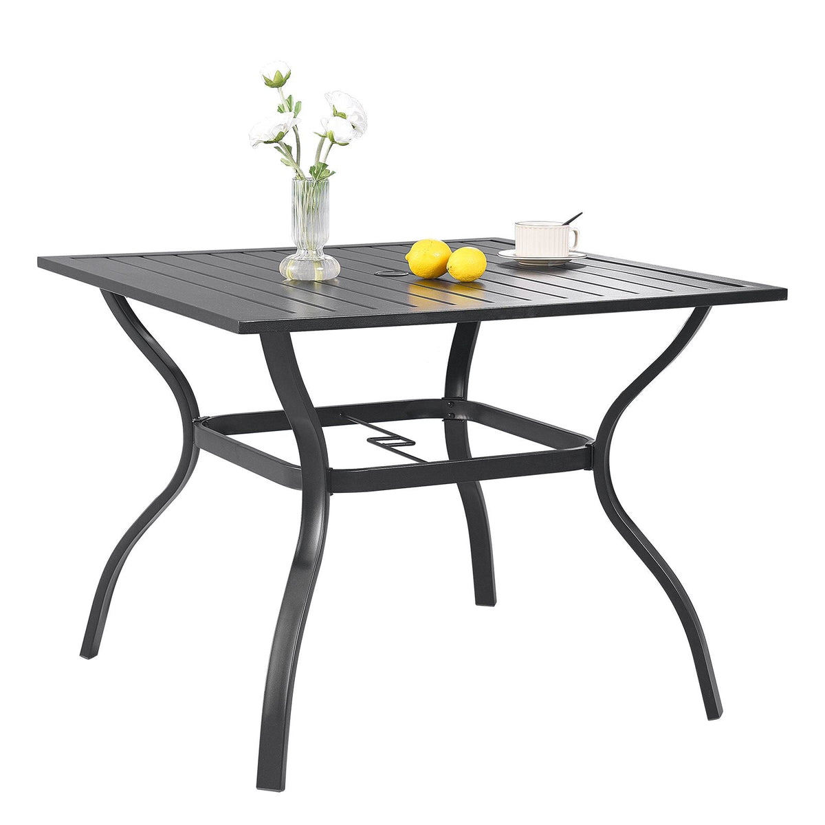 5 Pieces Patio Dining Set, Outdoor Furniture Table and Swivel Chairs Set, All Weather Garden Furniture Table Sets, Iron Patio Conversation Set with Umbrella Hole, For Lawn, Deck, Backyard, Black