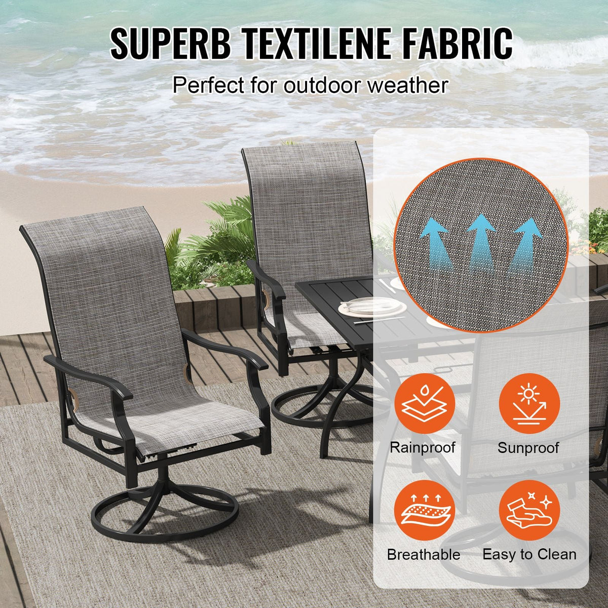 5 Pieces Patio Dining Set, Outdoor Furniture Table and Swivel Chairs Set, All Weather Garden Furniture Table Sets, Iron Patio Conversation Set with Umbrella Hole, For Lawn, Deck, Backyard, Black