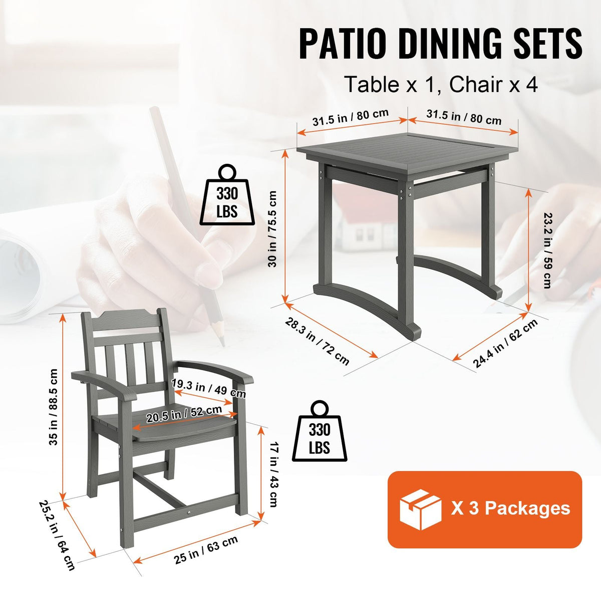 5 Pieces Patio Dining Set, Outdoor Square Furniture Table and Chairs, All Weather Garden Furniture Table Sets, HIPS Small Patio Conversation Set, For Lawn, Deck, Backyard, Poolside, Light Gray