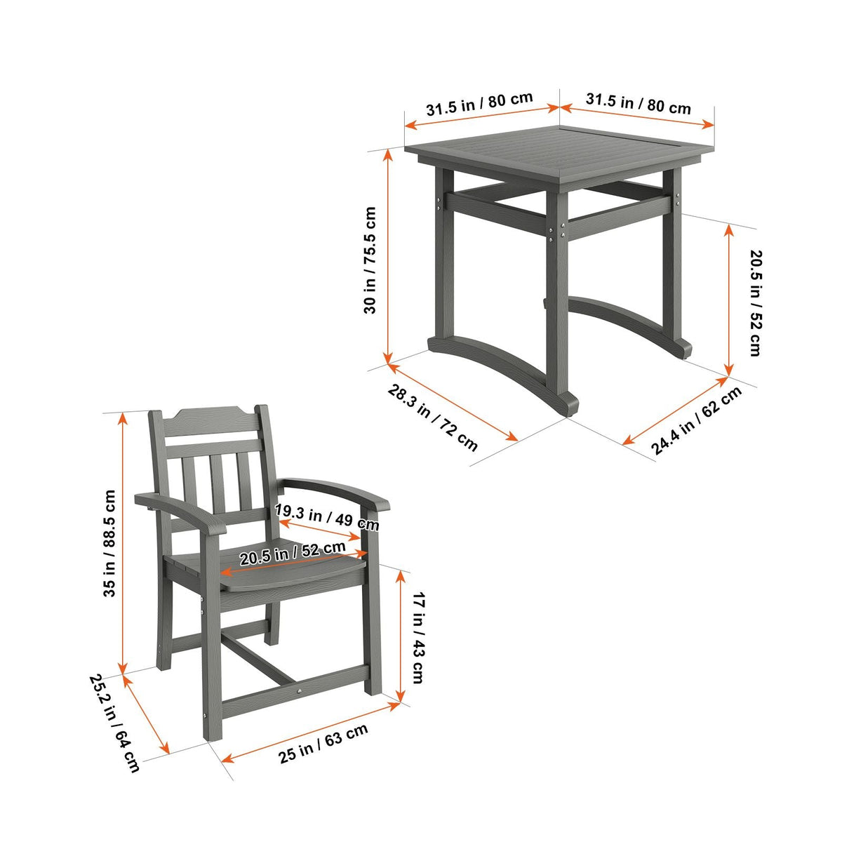 5 Pieces Patio Dining Set, Outdoor Square Furniture Table and Chairs, All Weather Garden Furniture Table Sets, HIPS Small Patio Conversation Set, For Lawn, Deck, Backyard, Poolside, Light Gray