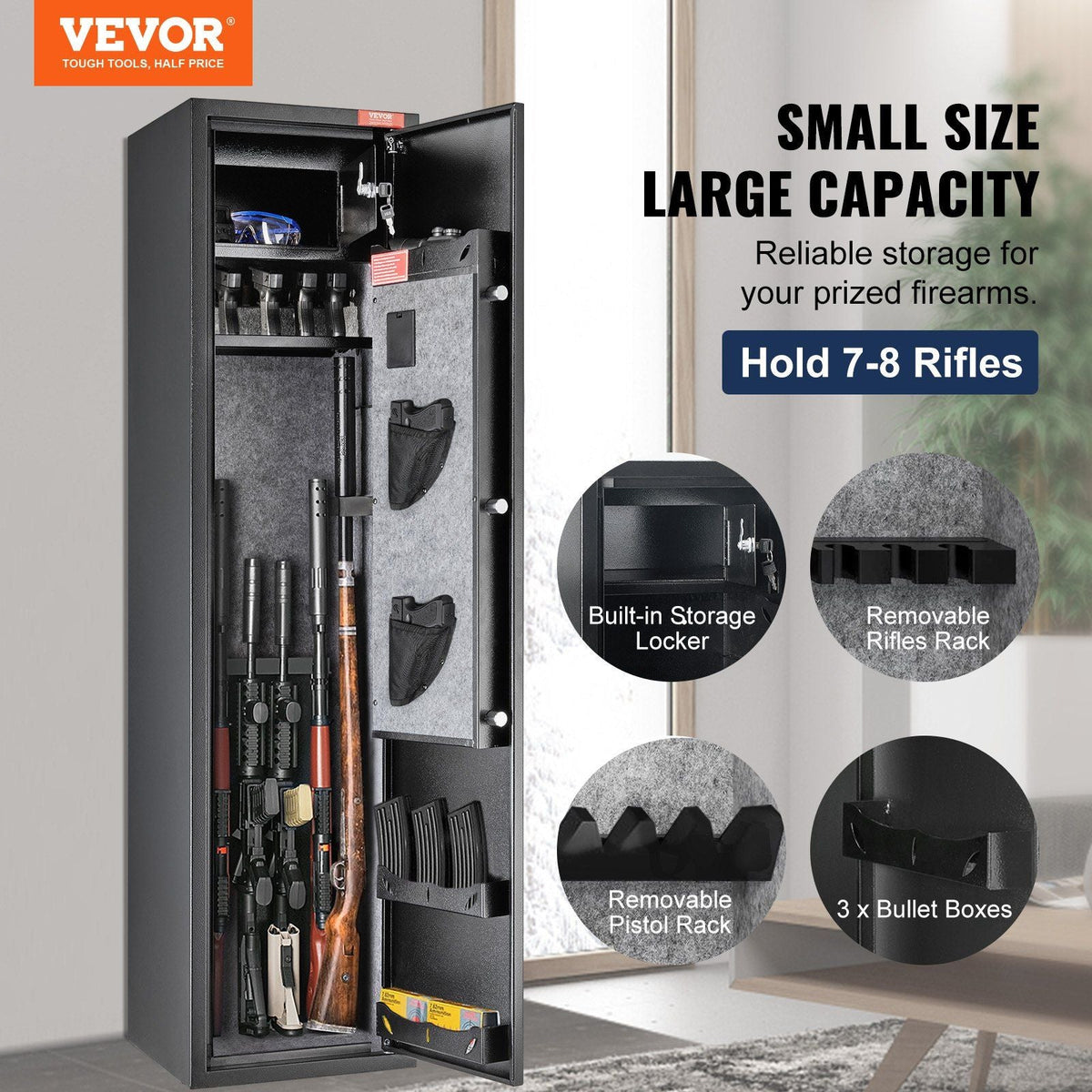 5 Rifles Gun Safe, Rifle Safe with Digital Keypad & Lock, Gun Storage Cabinet with Built-in Storage Locker, Removable Storage Shelf for Home Long Gun and Pistols