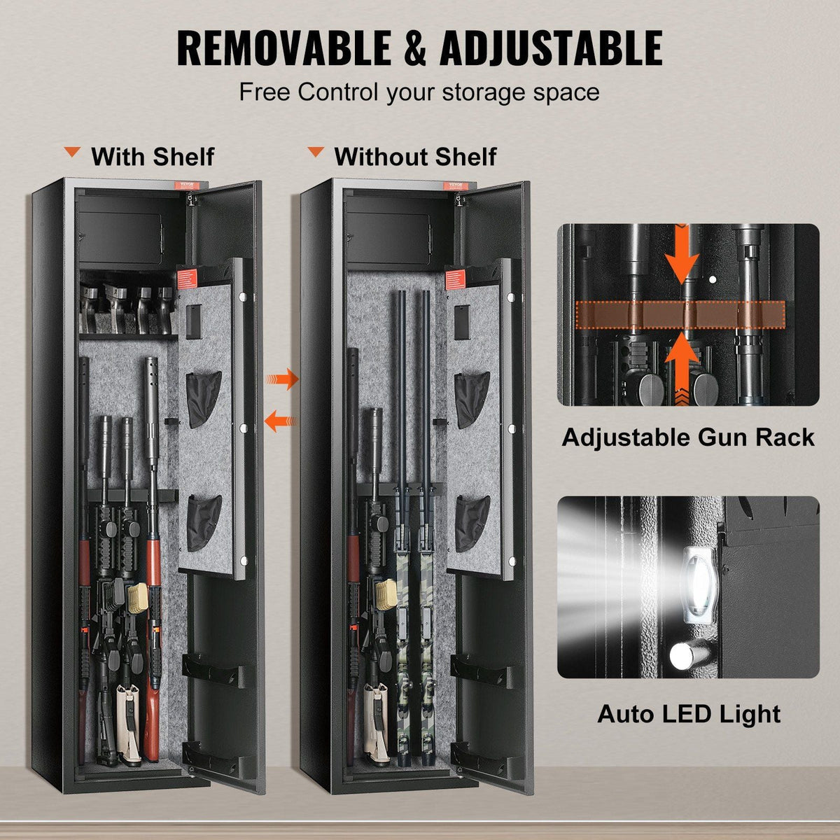 5 Rifles Gun Safe, Rifle Safe with Digital Keypad & Lock, Gun Storage Cabinet with Built-in Storage Locker, Removable Storage Shelf for Home Long Gun and Pistols