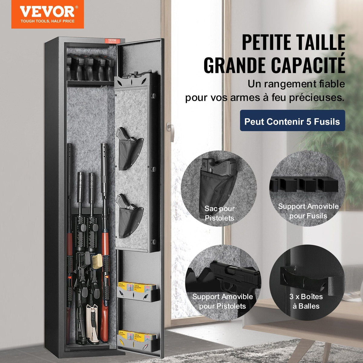 5 Rifles Gun Safe, Rifle Safe with Fingerprint Lock, Quick Access Gun Storage Cabinet for Shotguns with Removable Shelf, Pistol Rack, Ammo Storage Box for Home Long Gun and Pistols