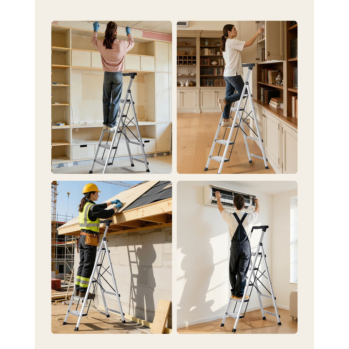 5 Step Ladder, Folding Step Stool with Wide Anti-Slip Pedal and Comfort Handgrip, 330 lbs Capacity Portable Aluminum Stepladder, Multi-Use for Kitchen, Warehouse, Household and Office, Silver